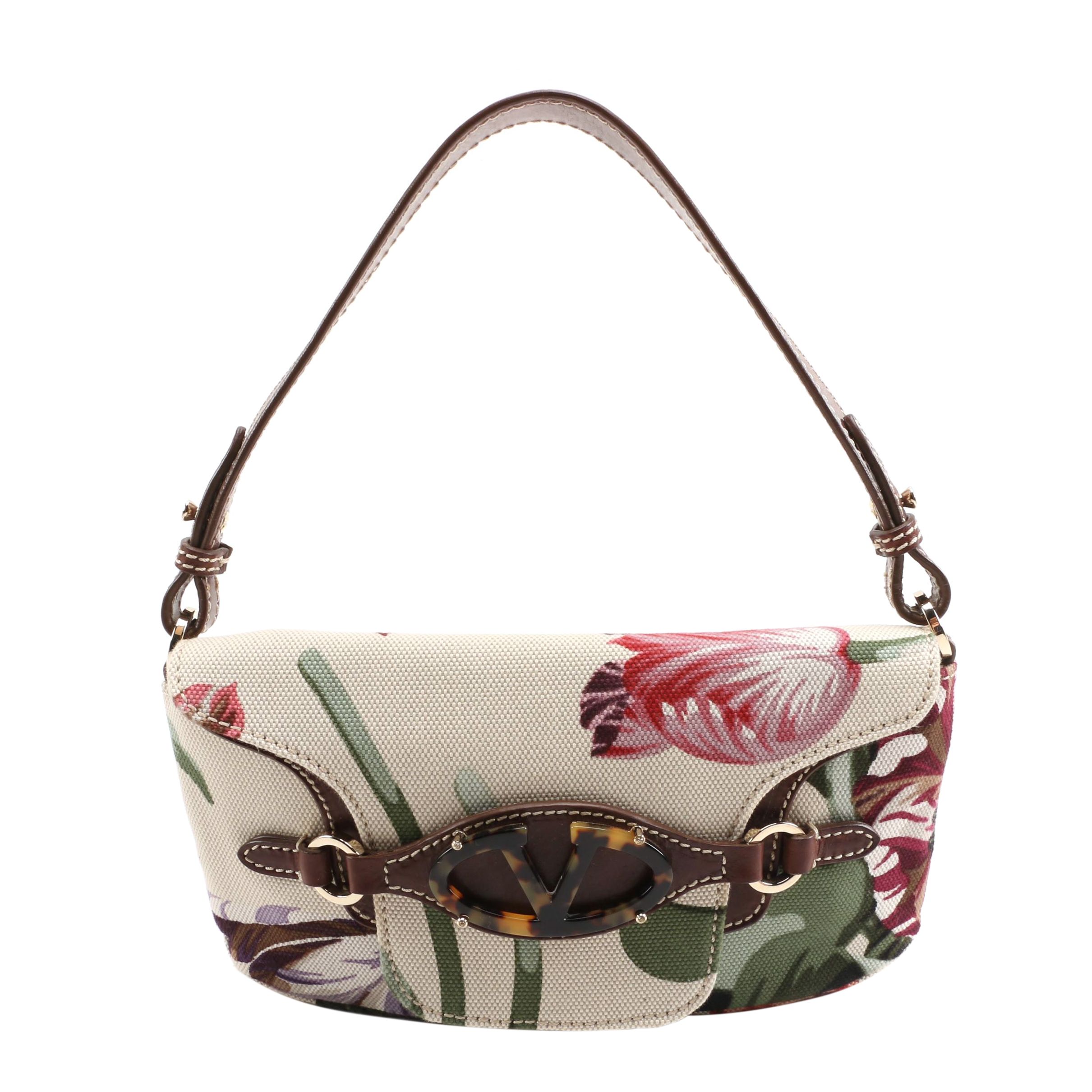 Valentino Garavani Floral Canvas and Brown Leather Baguette