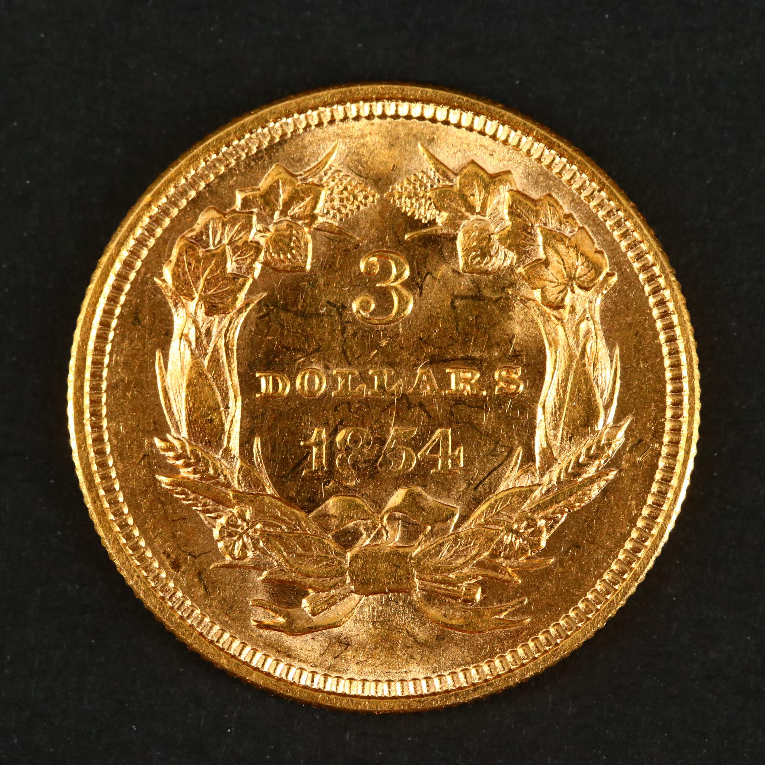 First Year of Issue 1854 Indian Head Princess $3 Gold Coin