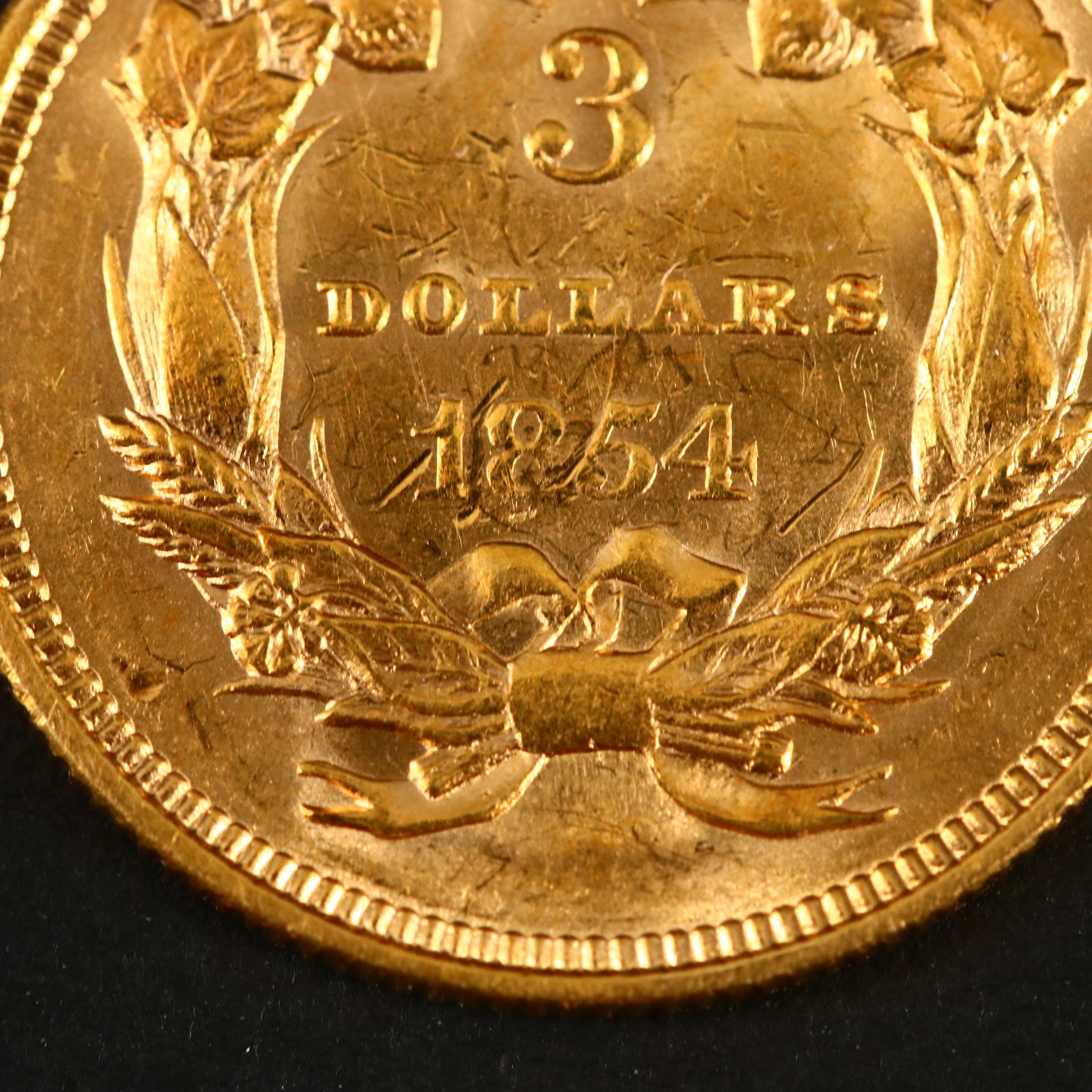 First Year of Issue 1854 Indian Head Princess $3 Gold Coin