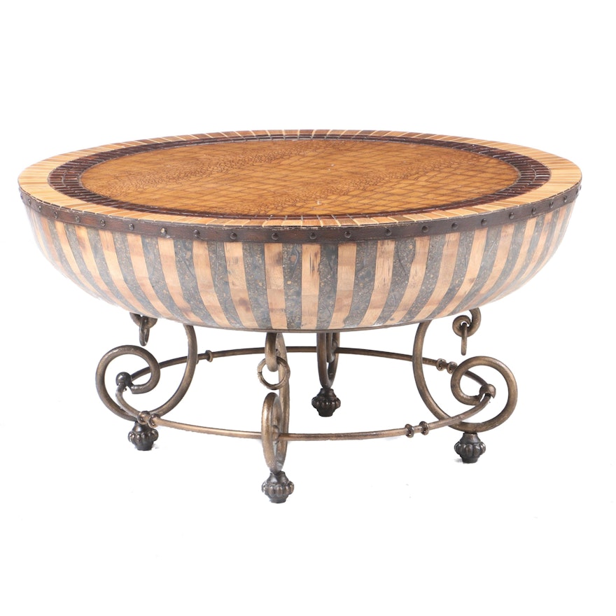 Faux Aligator and Wood Top Round Barrel Shaped Coffee Table