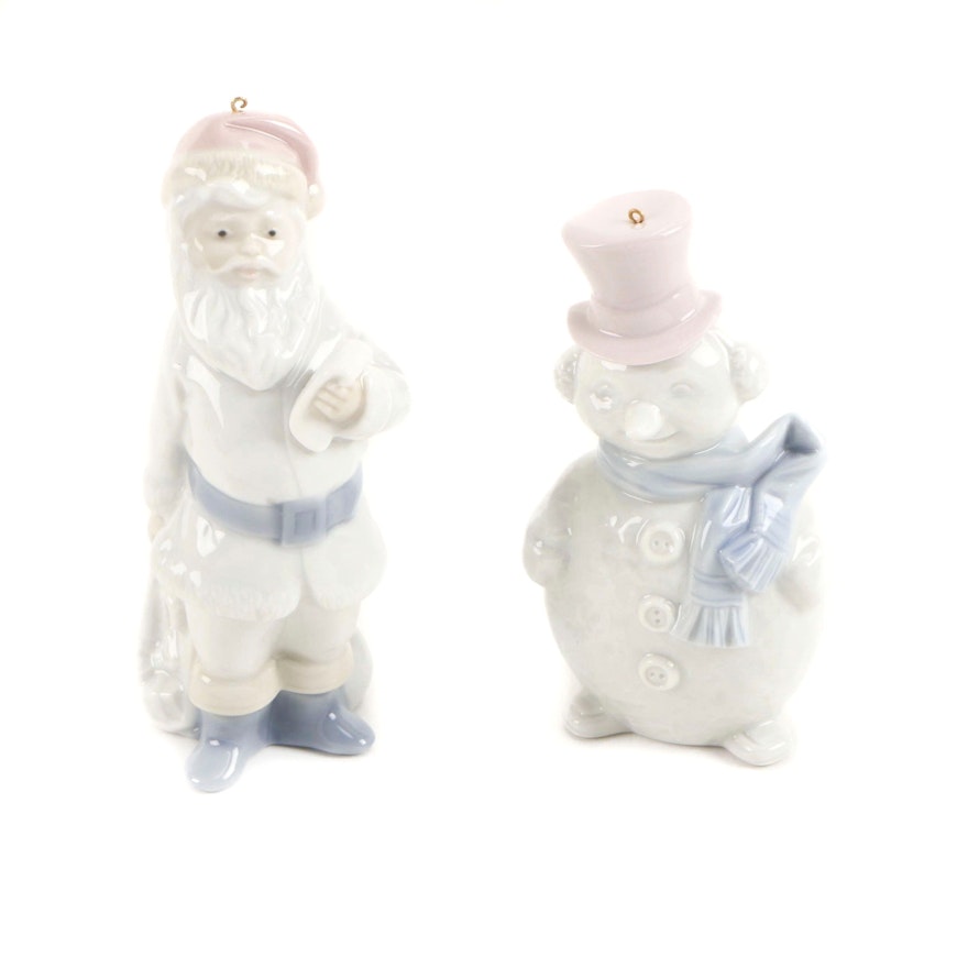 Lladró Santa Claus Porcelain Ornament and Snowman Porcelain Ornament, circa 1990