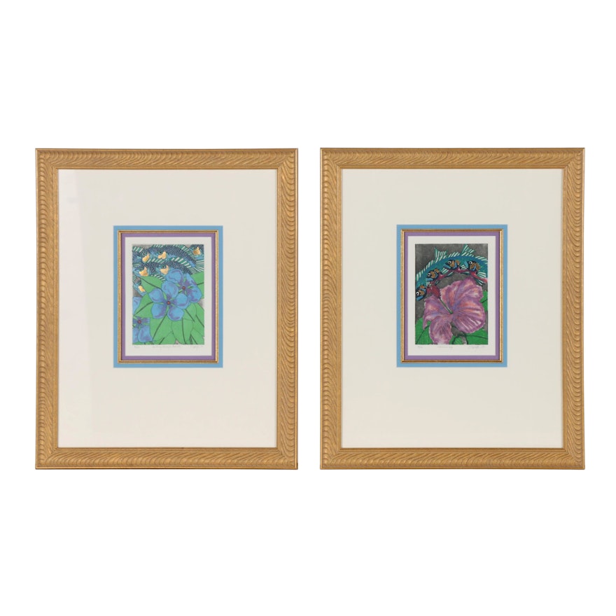 Carroll Swayze Hand Colored Etchings of Fish and Flowers