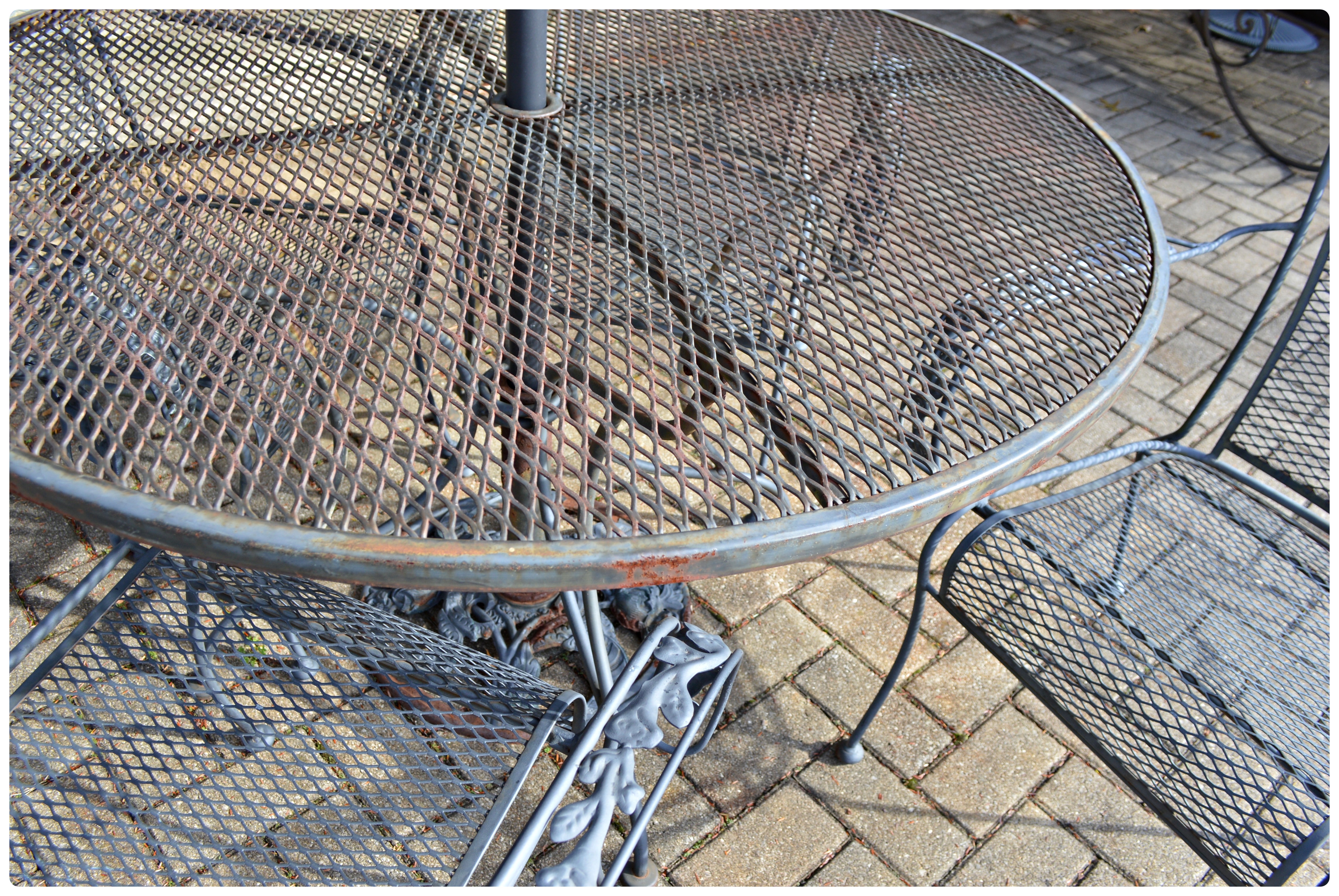 Wrought Iron Mesh Dining Table and Chairs with Umbrella, Contemporary