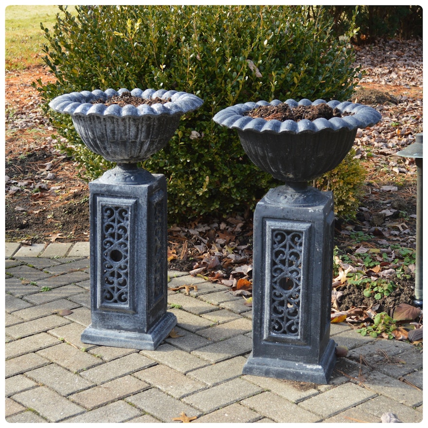 Pair of Scalloped Urn-Shaped Metal Patio Pedestal Planters