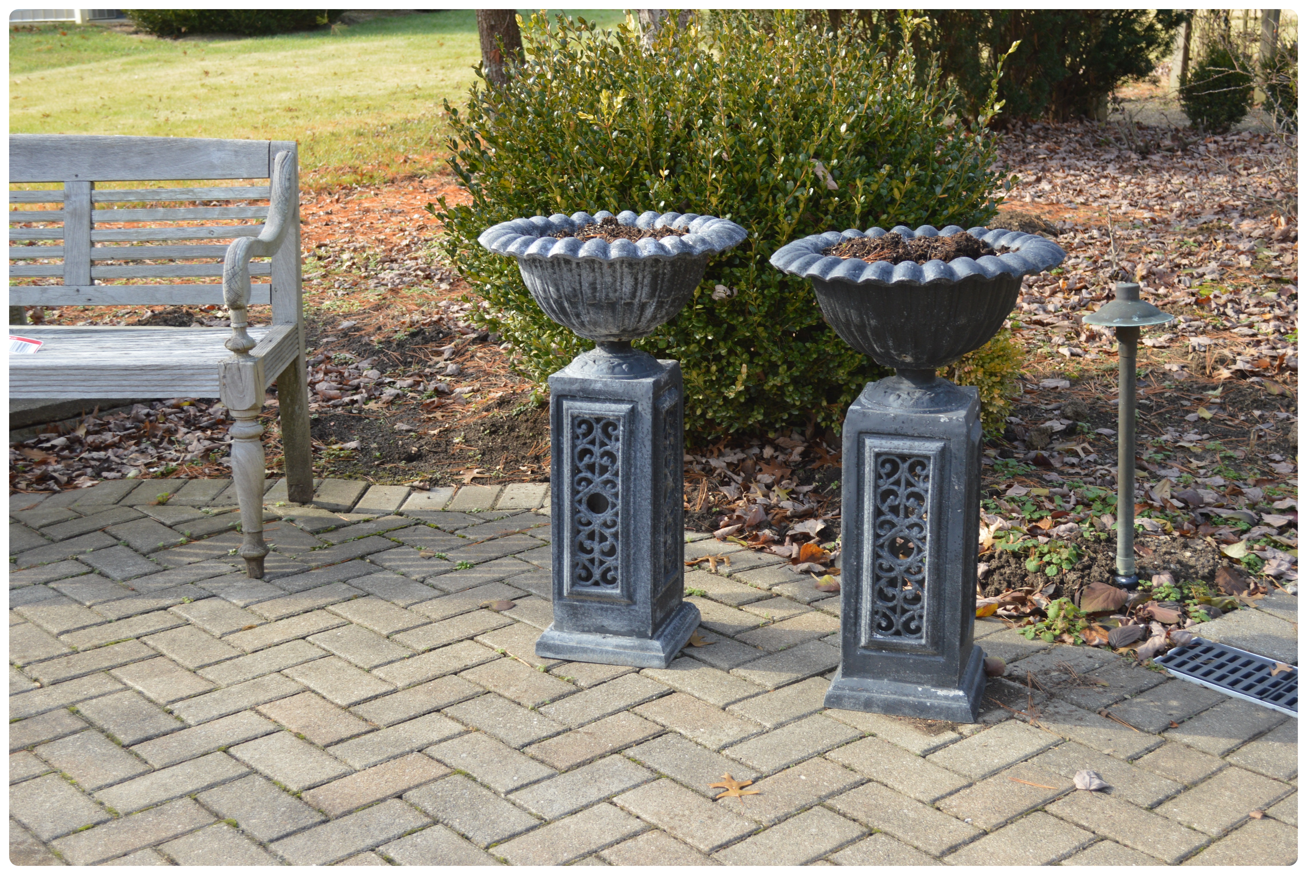 Pair of Scalloped Urn-Shaped Metal Patio Pedestal Planters