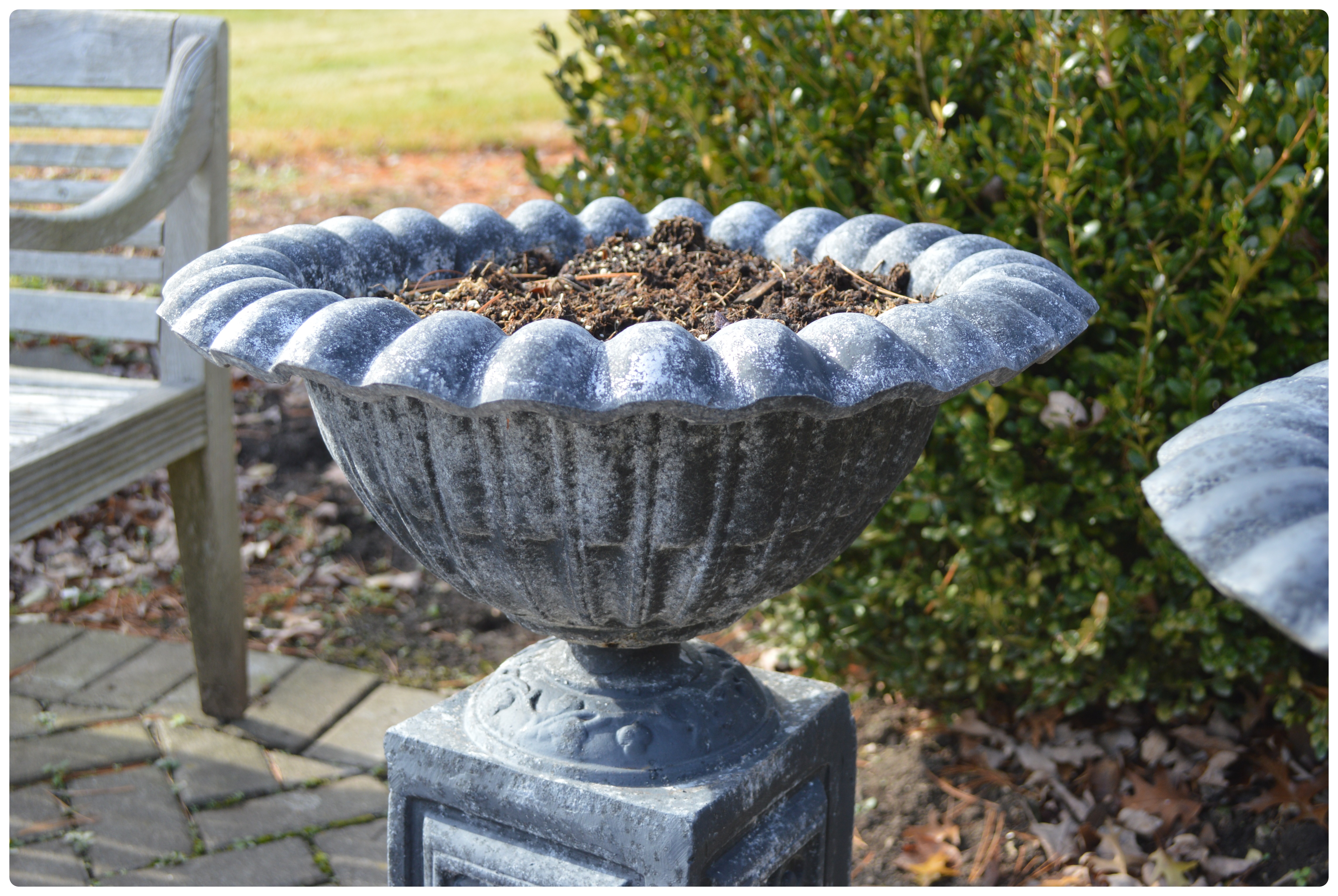 Pair of Scalloped Urn-Shaped Metal Patio Pedestal Planters