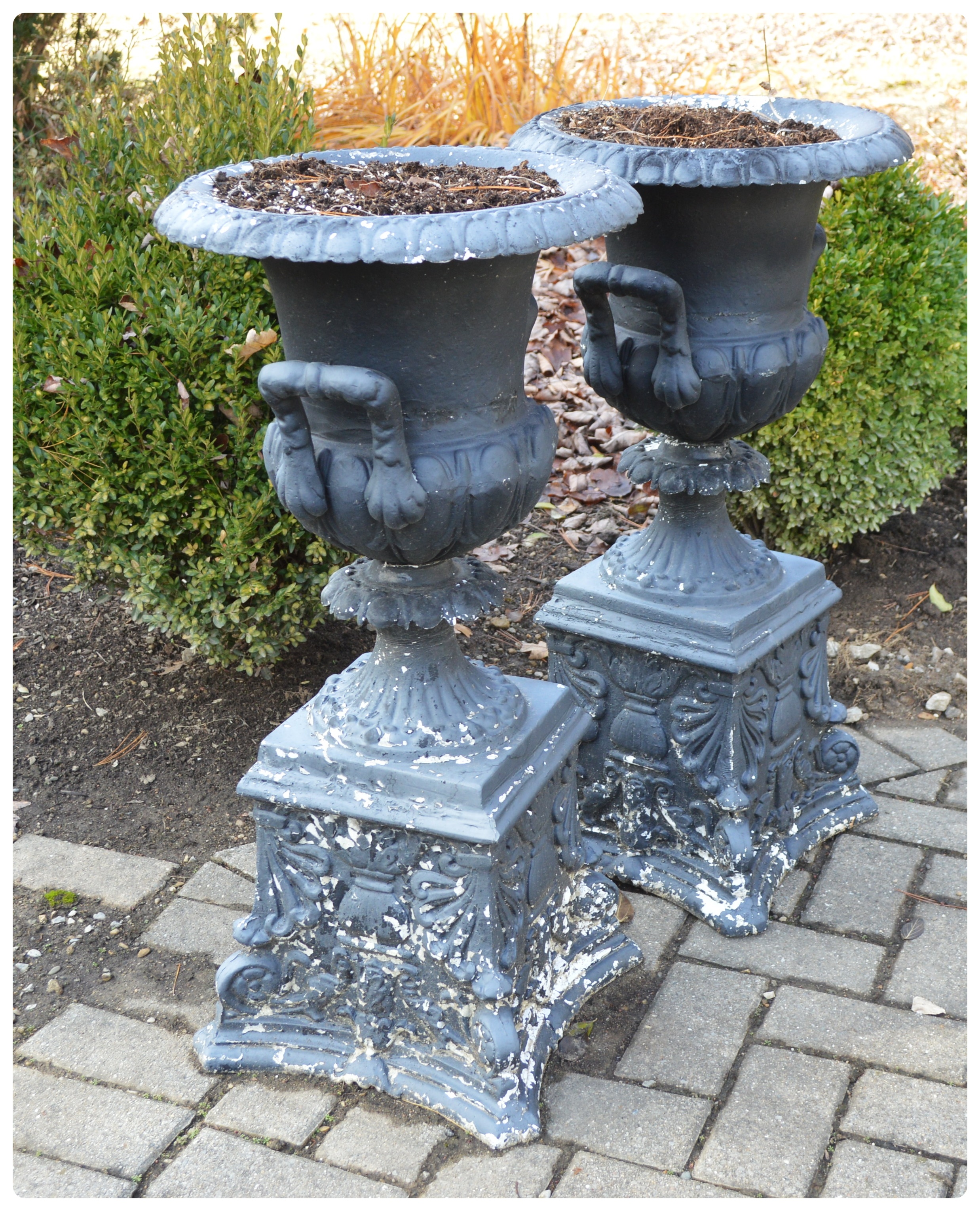 Pair of Urn-Shaped Metal Patio Pedestal Planters, Vintage