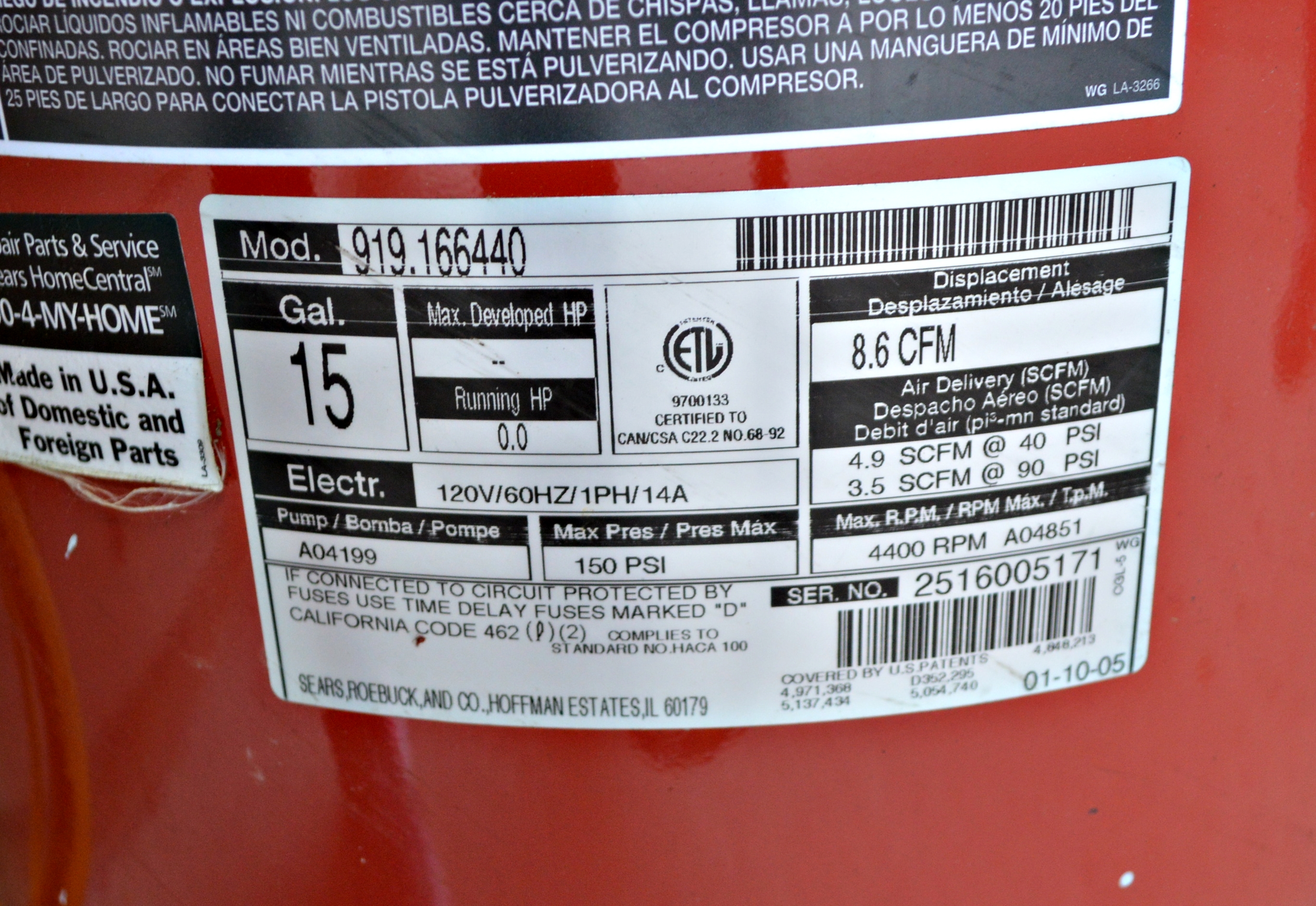 Sears Craftsman 15 Gallon Air Compressor