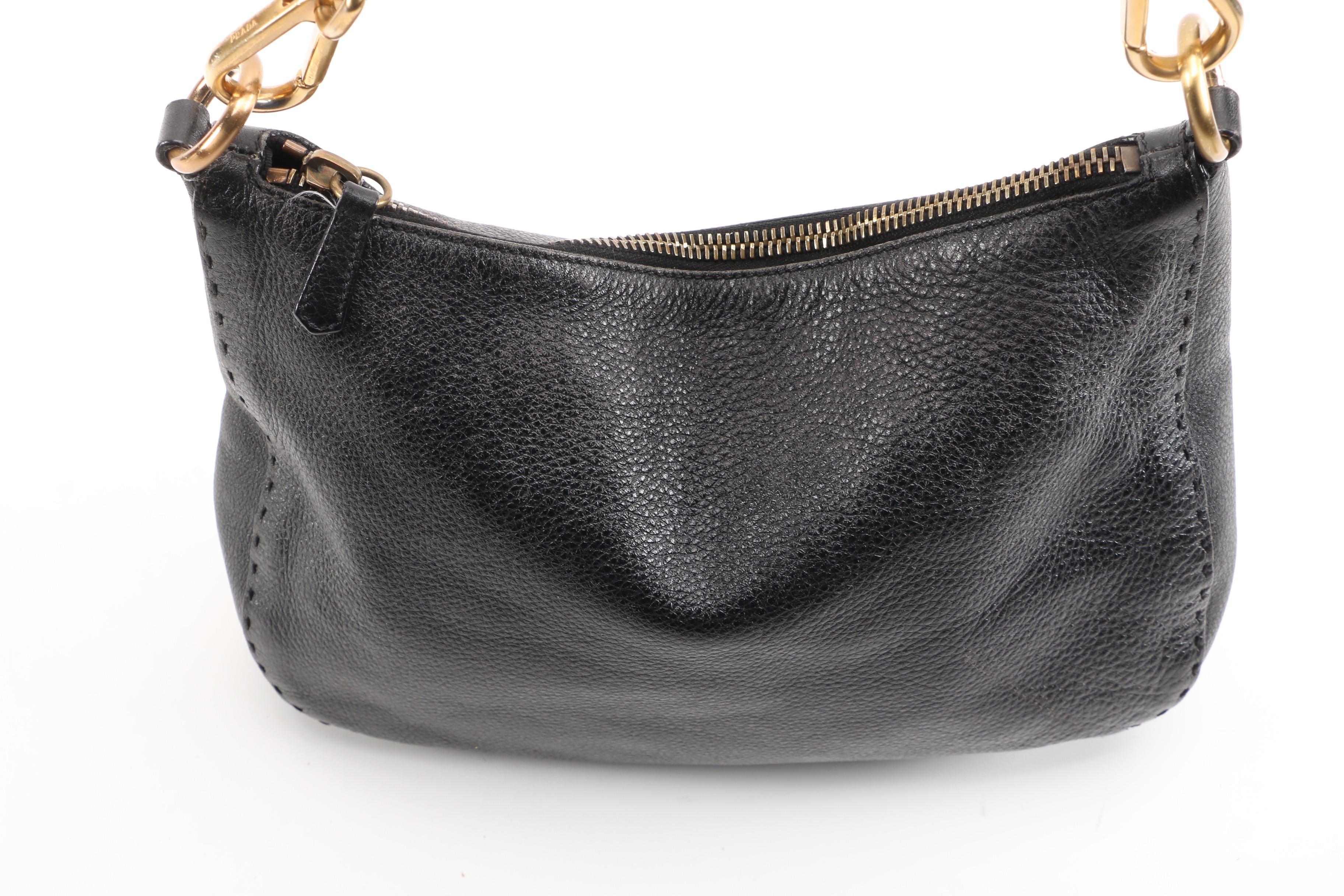 Prada Black Vitello Daino Leather Shoulder Bag with Running Stitch Detailing