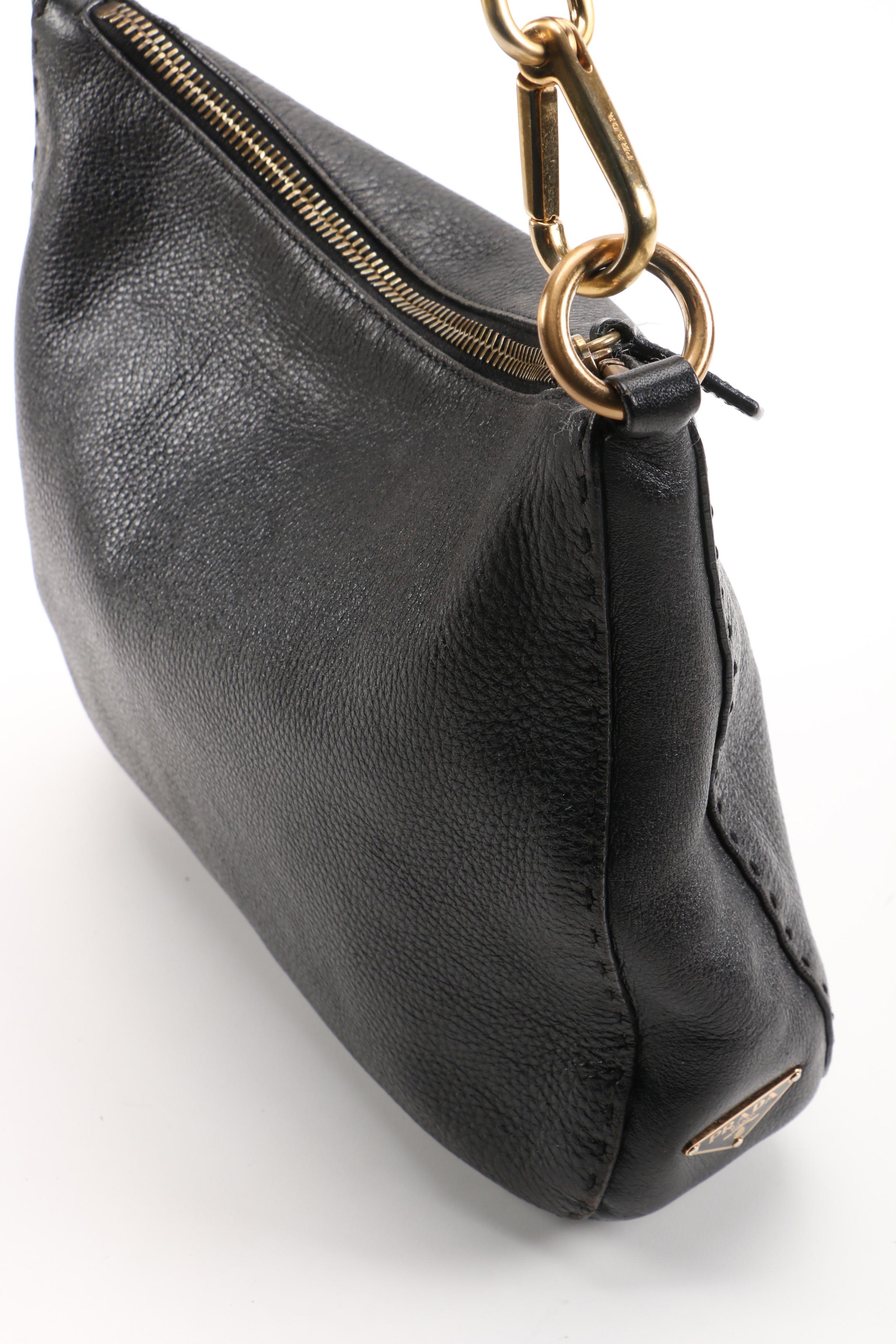 Prada Black Vitello Daino Leather Shoulder Bag with Running Stitch Detailing