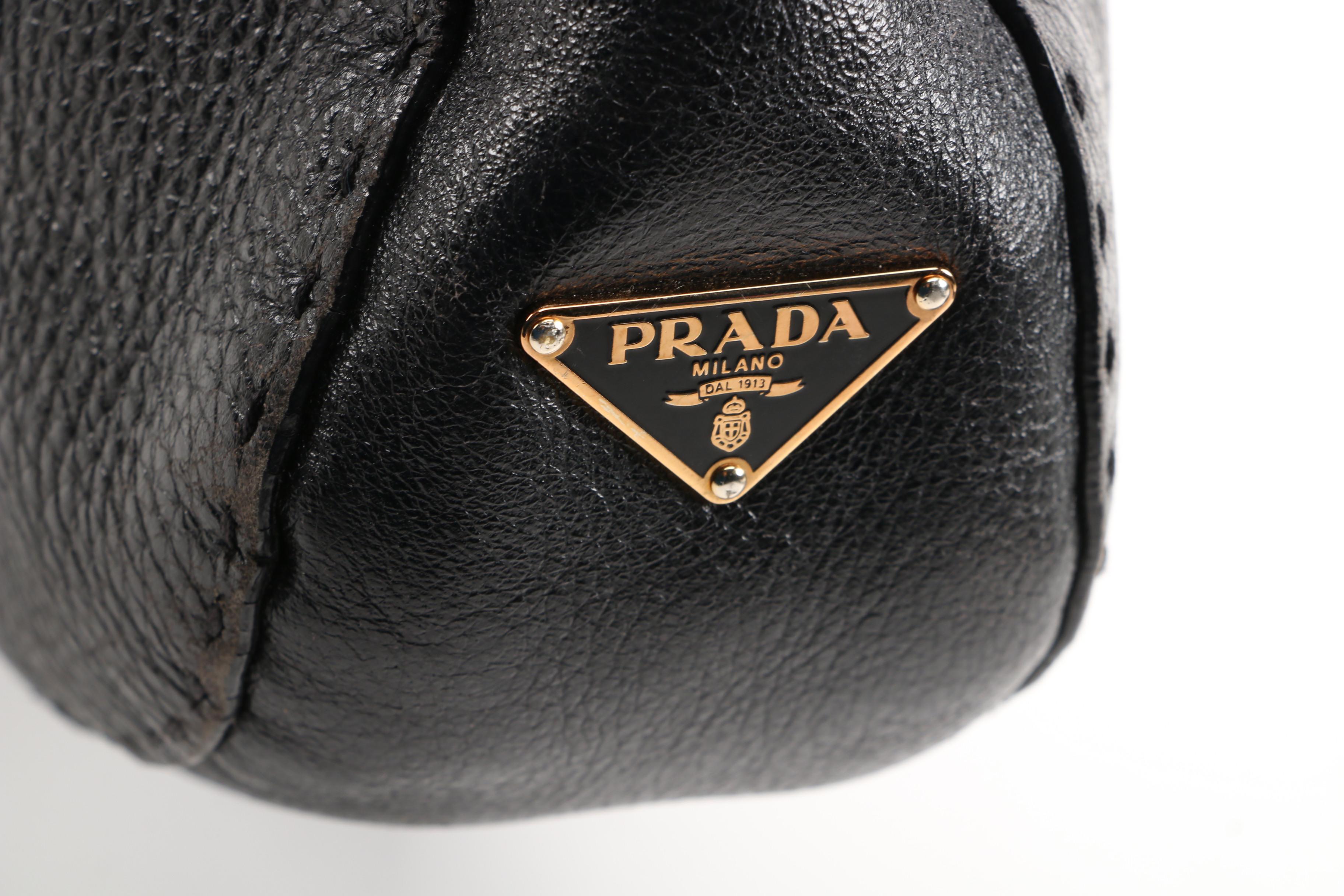 Prada Black Vitello Daino Leather Shoulder Bag with Running Stitch Detailing