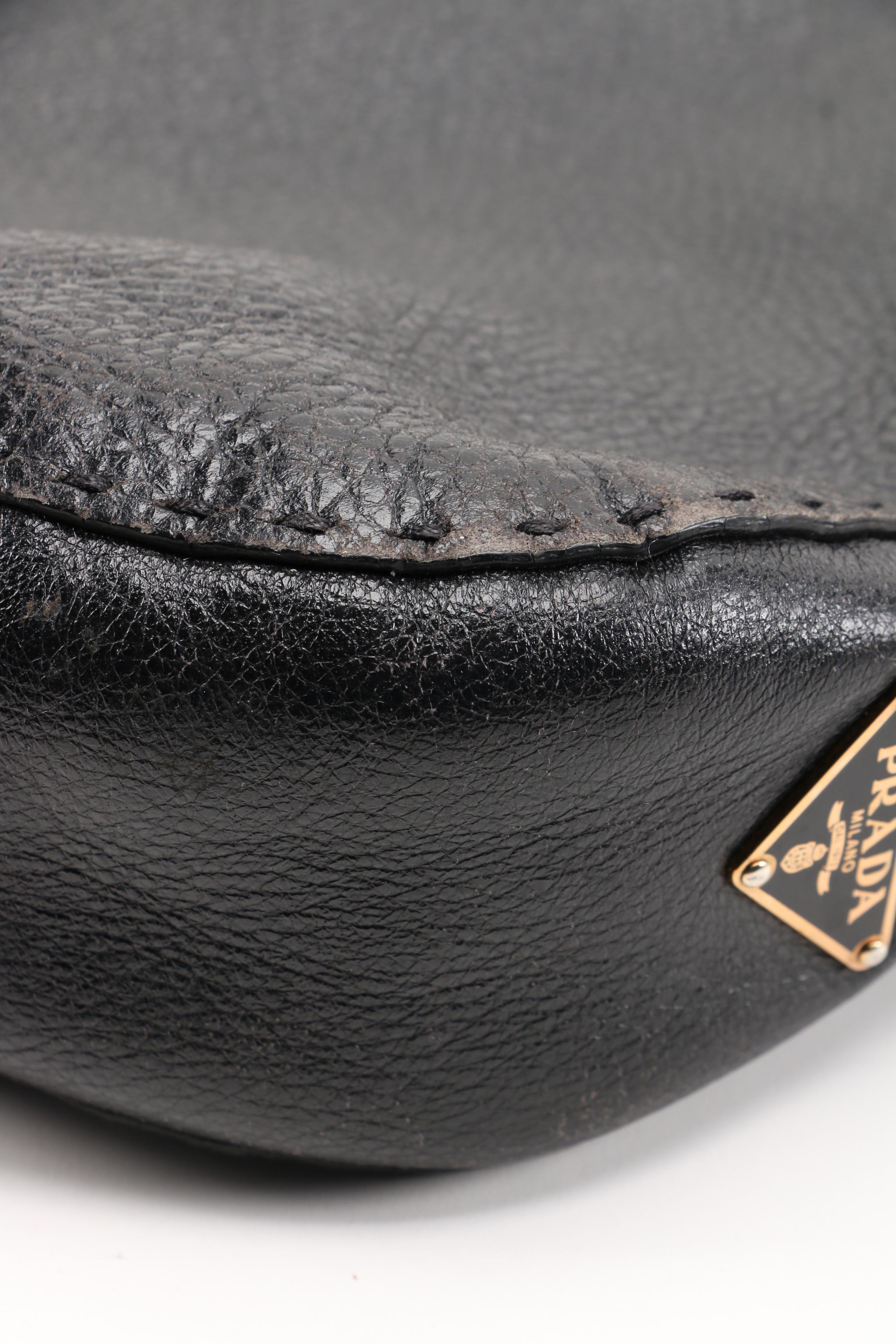 Prada Black Vitello Daino Leather Shoulder Bag with Running Stitch Detailing