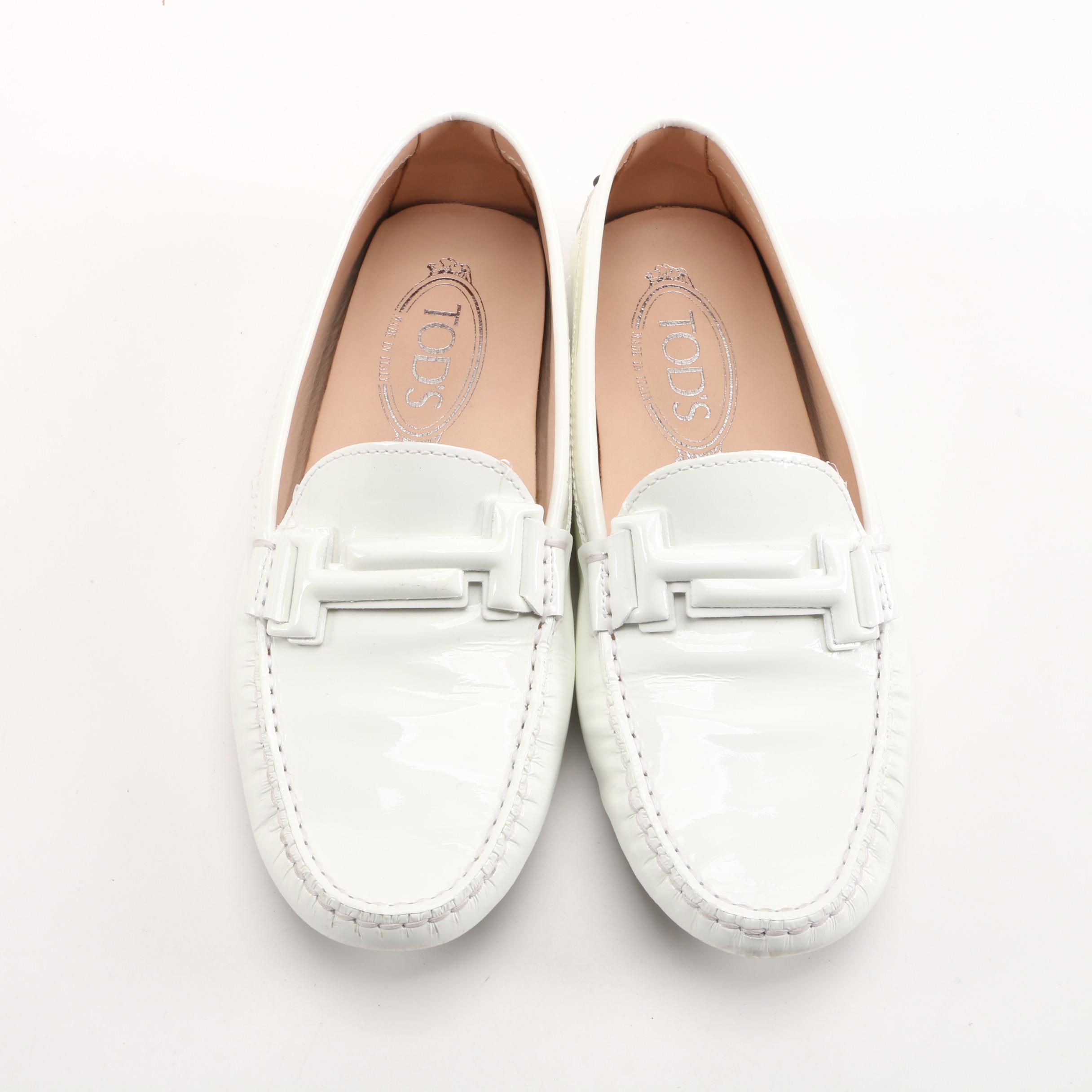 Tod's White Patent Leather Driving Shoes