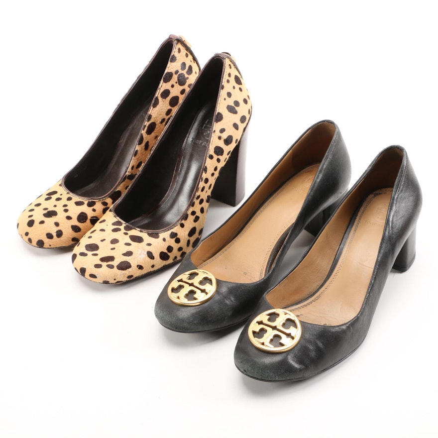 Tory Burch Animal Print Calf Hair and Black Leather Block Heel Pumps