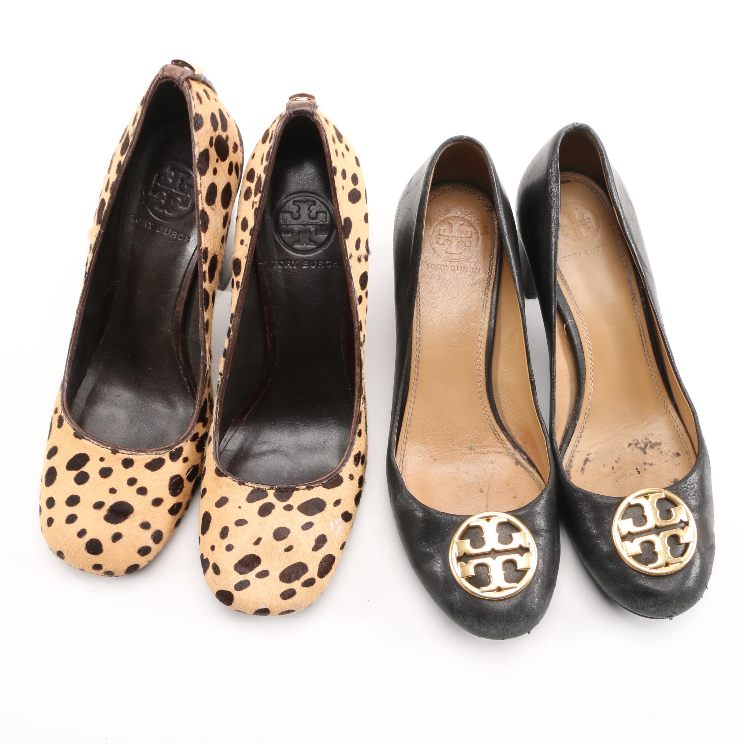 Tory Burch Animal Print Calf Hair and Black Leather Block Heel Pumps