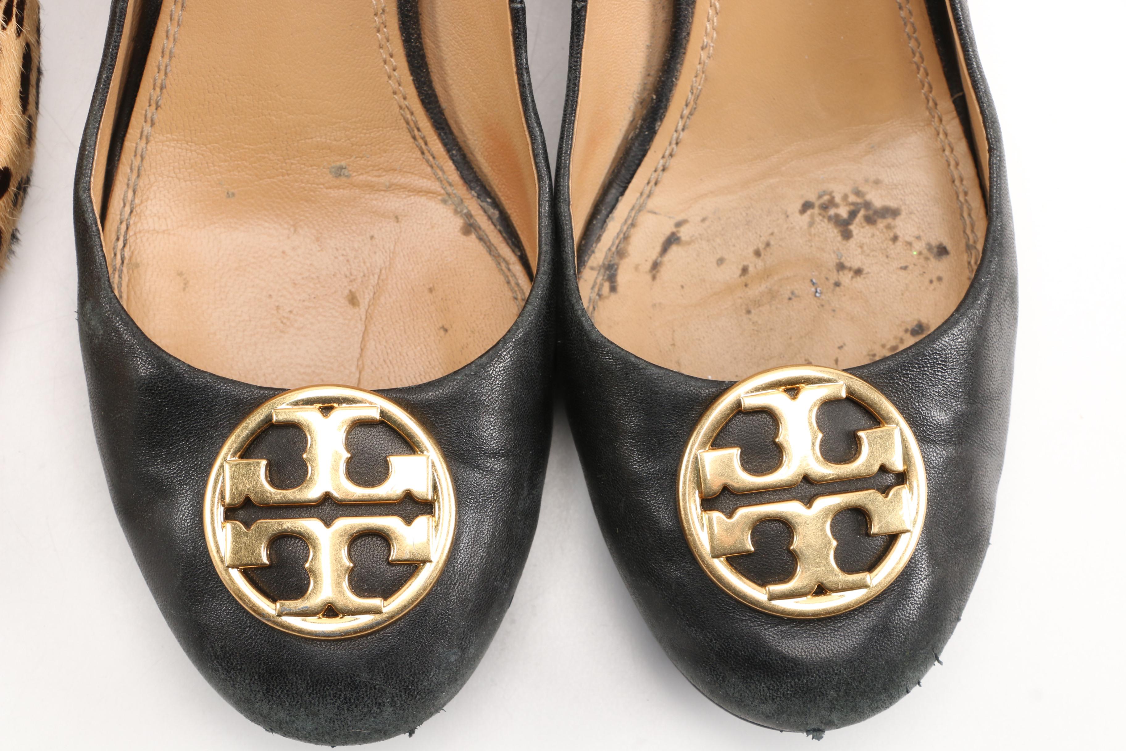 Tory Burch Animal Print Calf Hair and Black Leather Block Heel Pumps