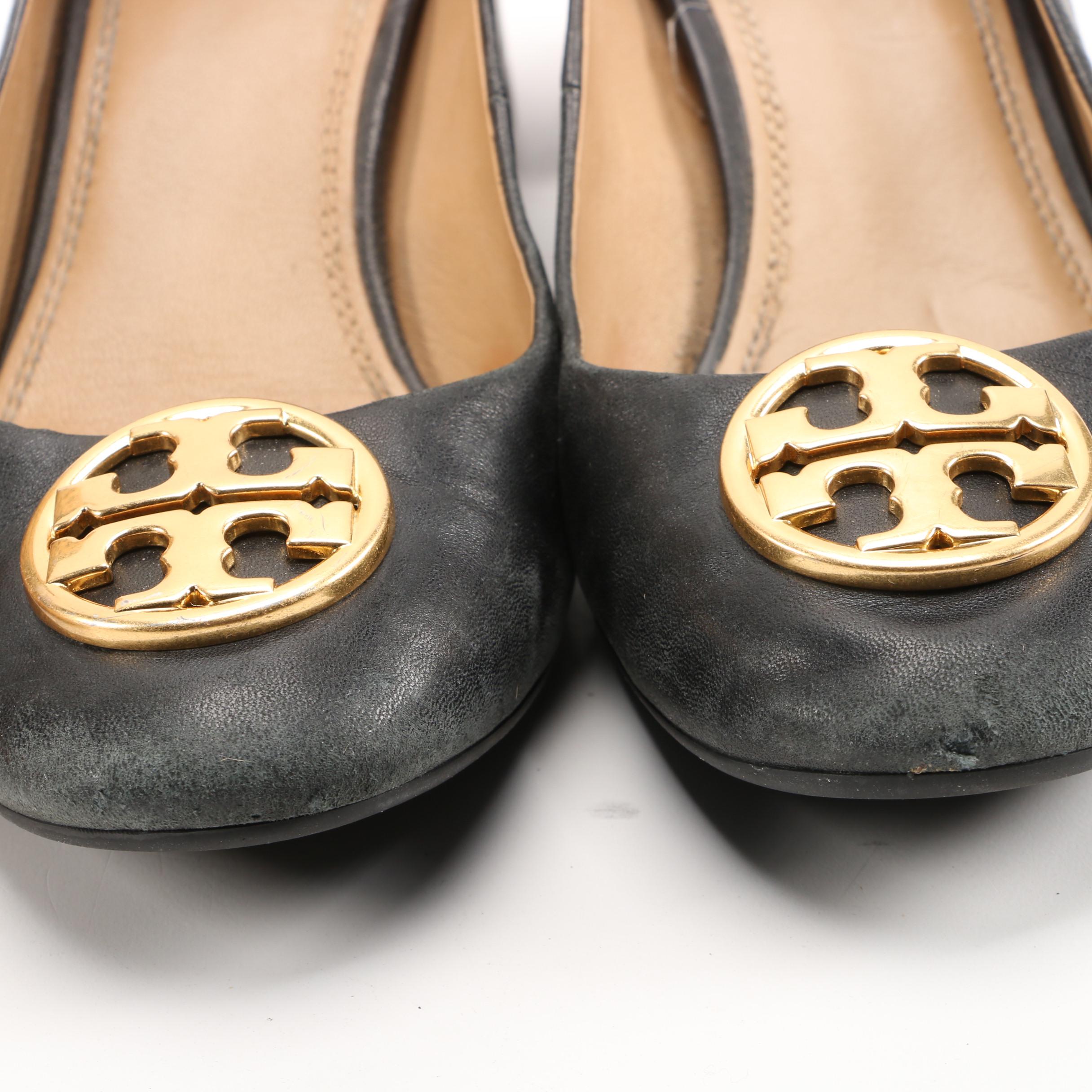 Tory Burch Animal Print Calf Hair and Black Leather Block Heel Pumps