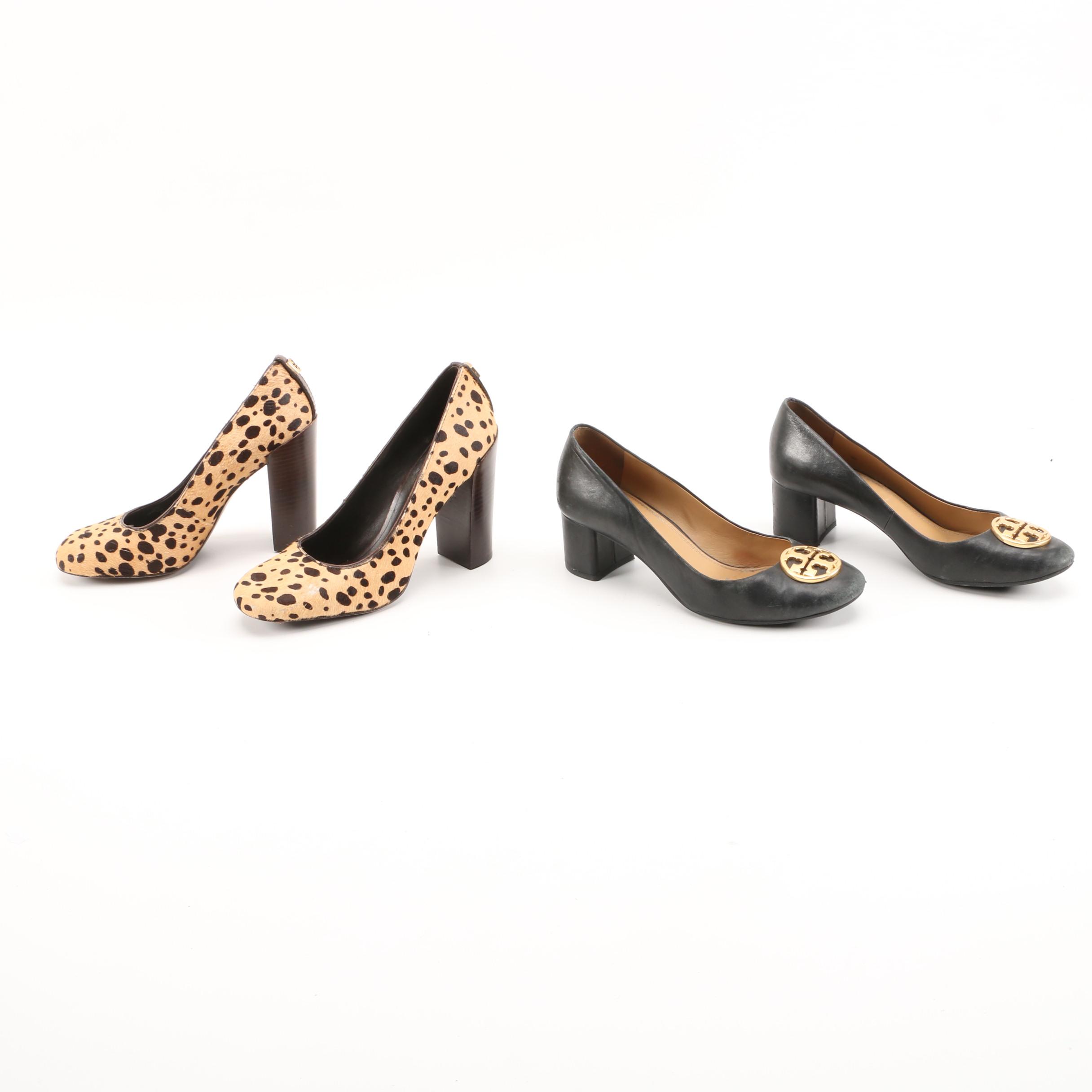 Tory Burch Animal Print Calf Hair and Black Leather Block Heel Pumps