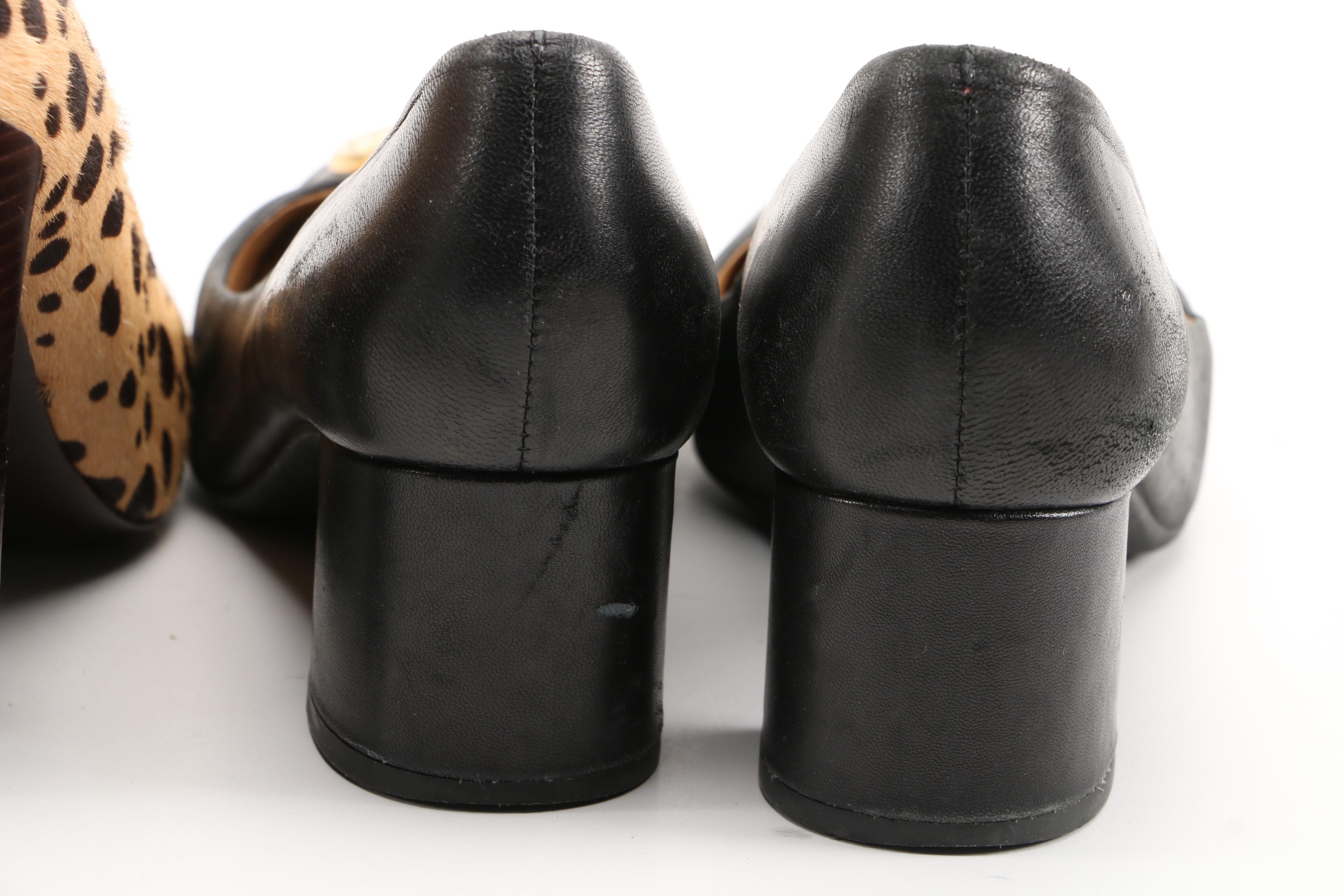 Tory Burch Animal Print Calf Hair and Black Leather Block Heel Pumps