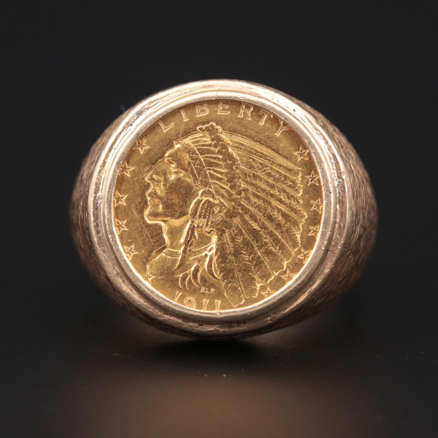 14K Yellow Gold Ring With 1911 Indian Head $2.50 Quarter Eagle Gold Coin