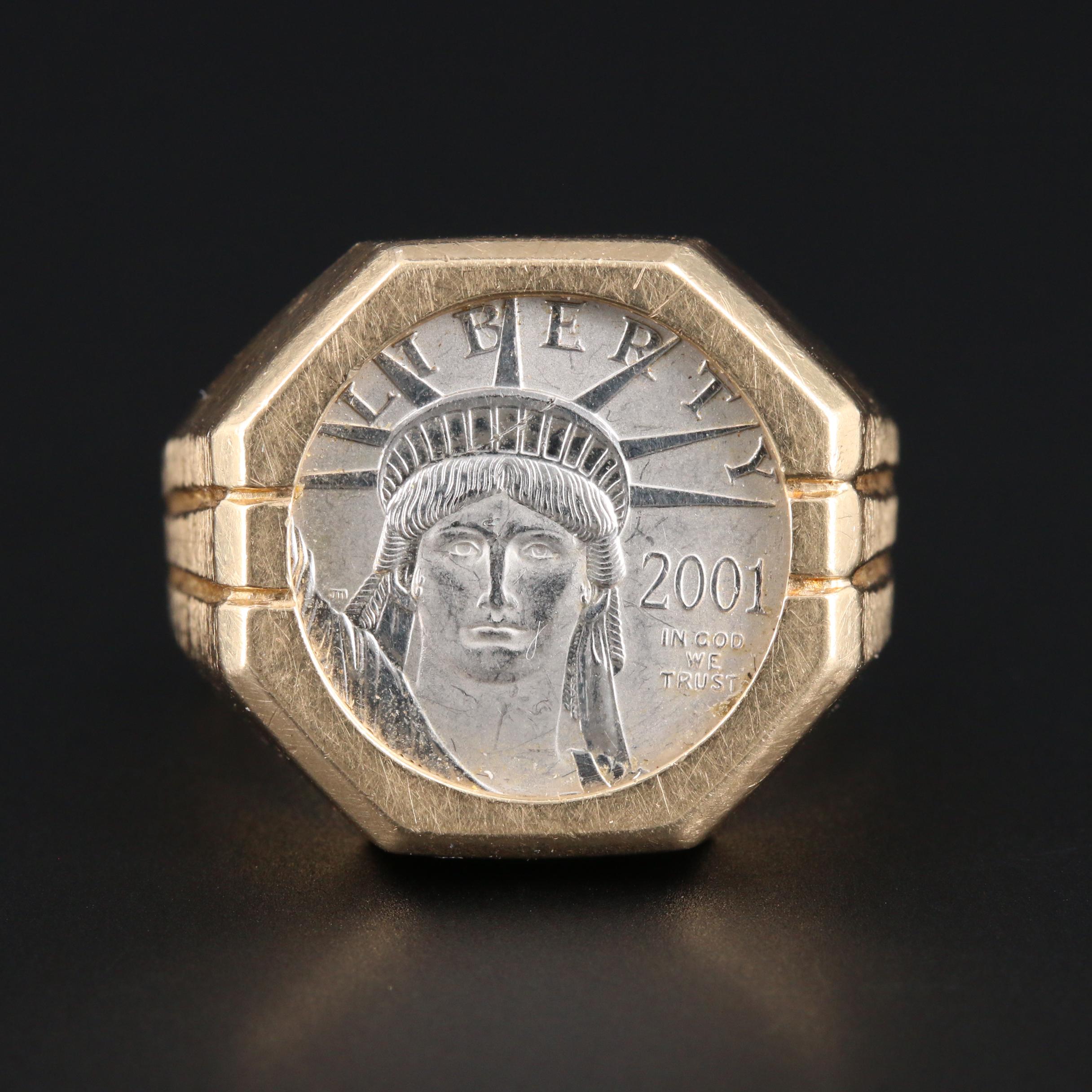 14K Yellow Gold Ring With 2001 Platinum Eagle $10 Platinum Coin