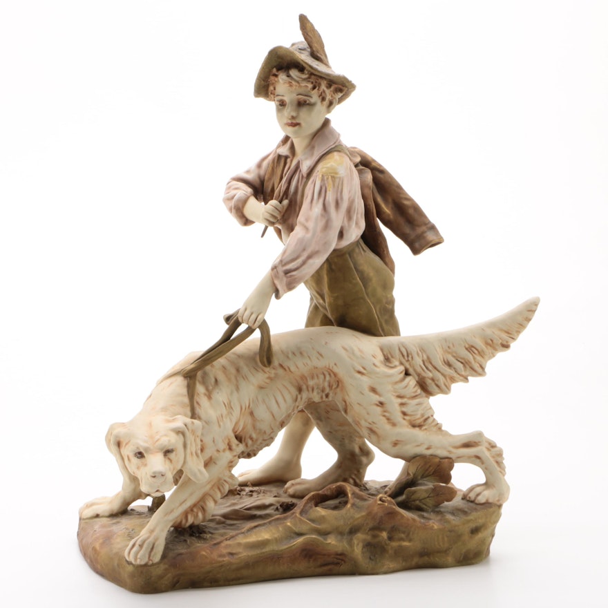 Royal Dux Boehmia Porcelain Boy with Dog Figurine, Late 19th/Early 20th Century