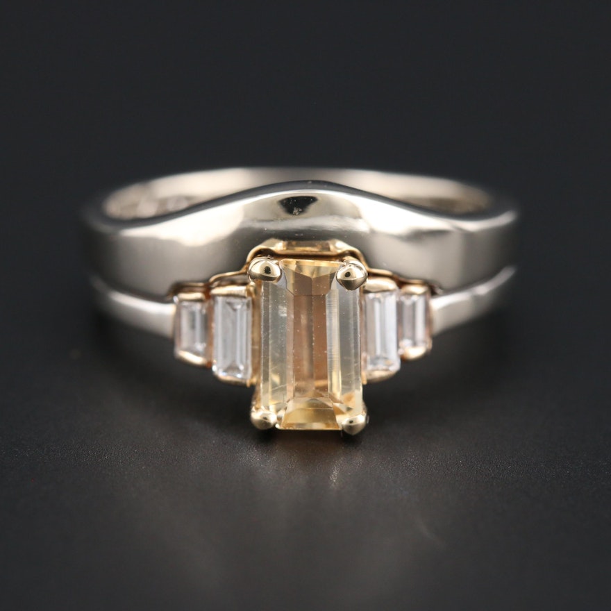 14K White Gold Topaz and Diamond Ring with Yellow Gold Accent