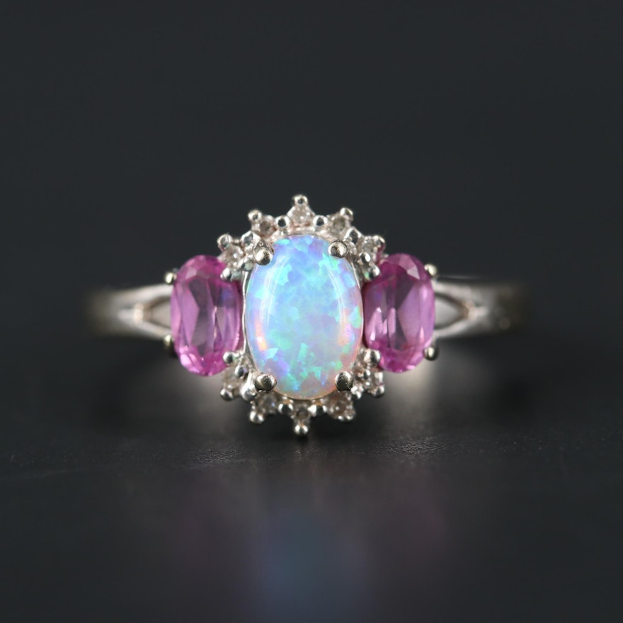 10K Yellow Gold Opal, Pink Sapphire and Diamond Ring