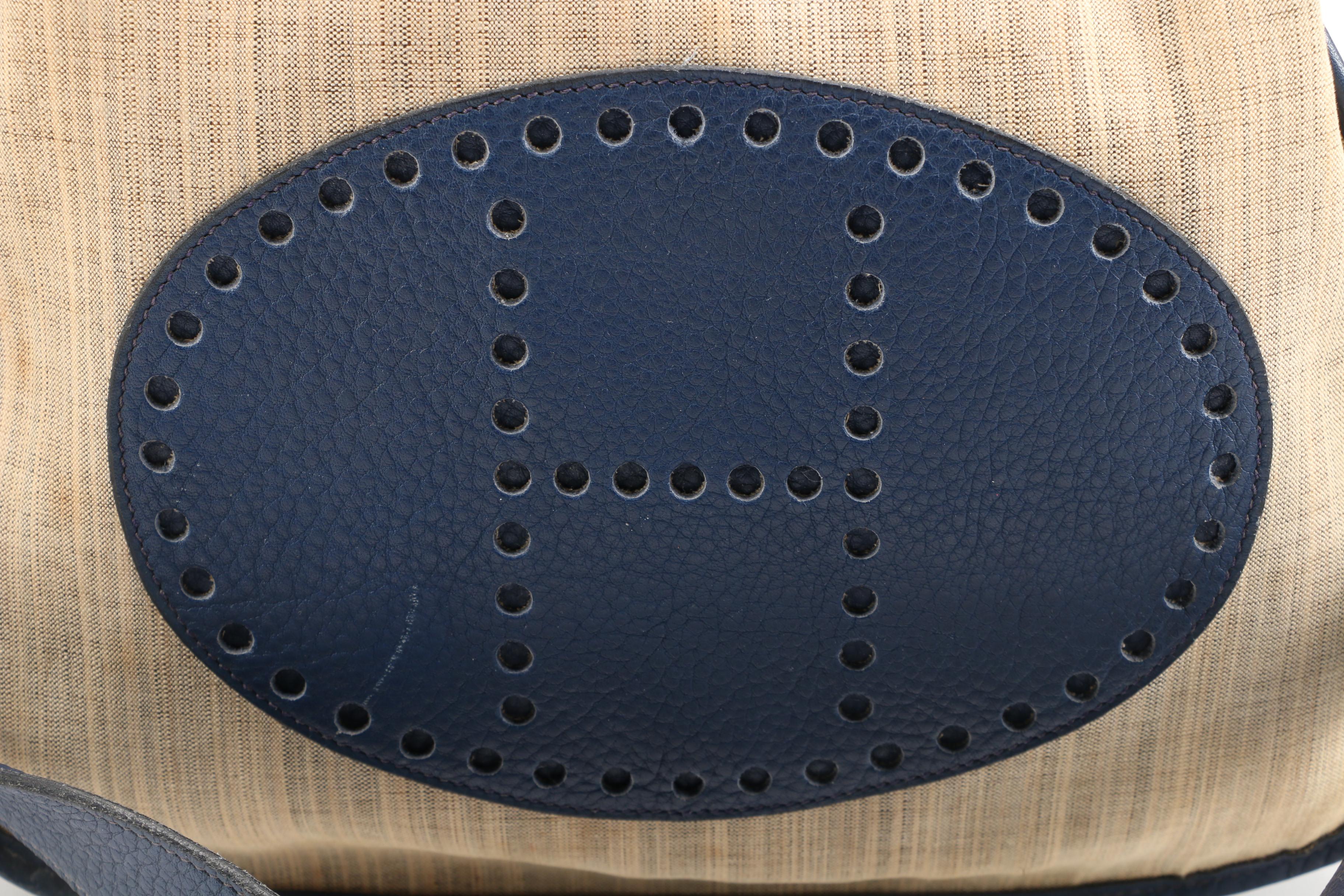 Hermès Evelyne I Striped Canvas and Navy Blue Clemence Leather PM Shoulder Bag