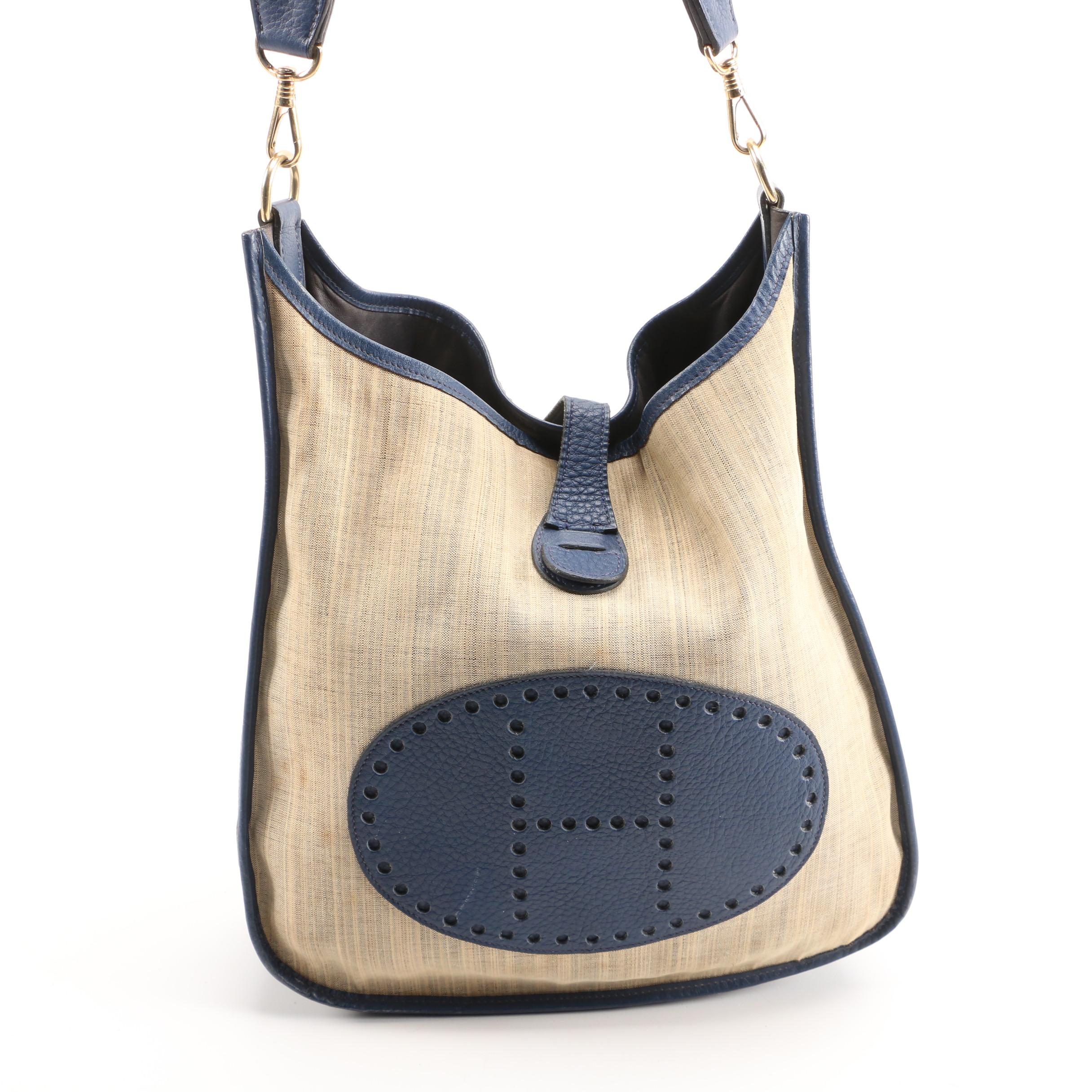 Hermès Evelyne I Striped Canvas and Navy Blue Clemence Leather PM Shoulder Bag