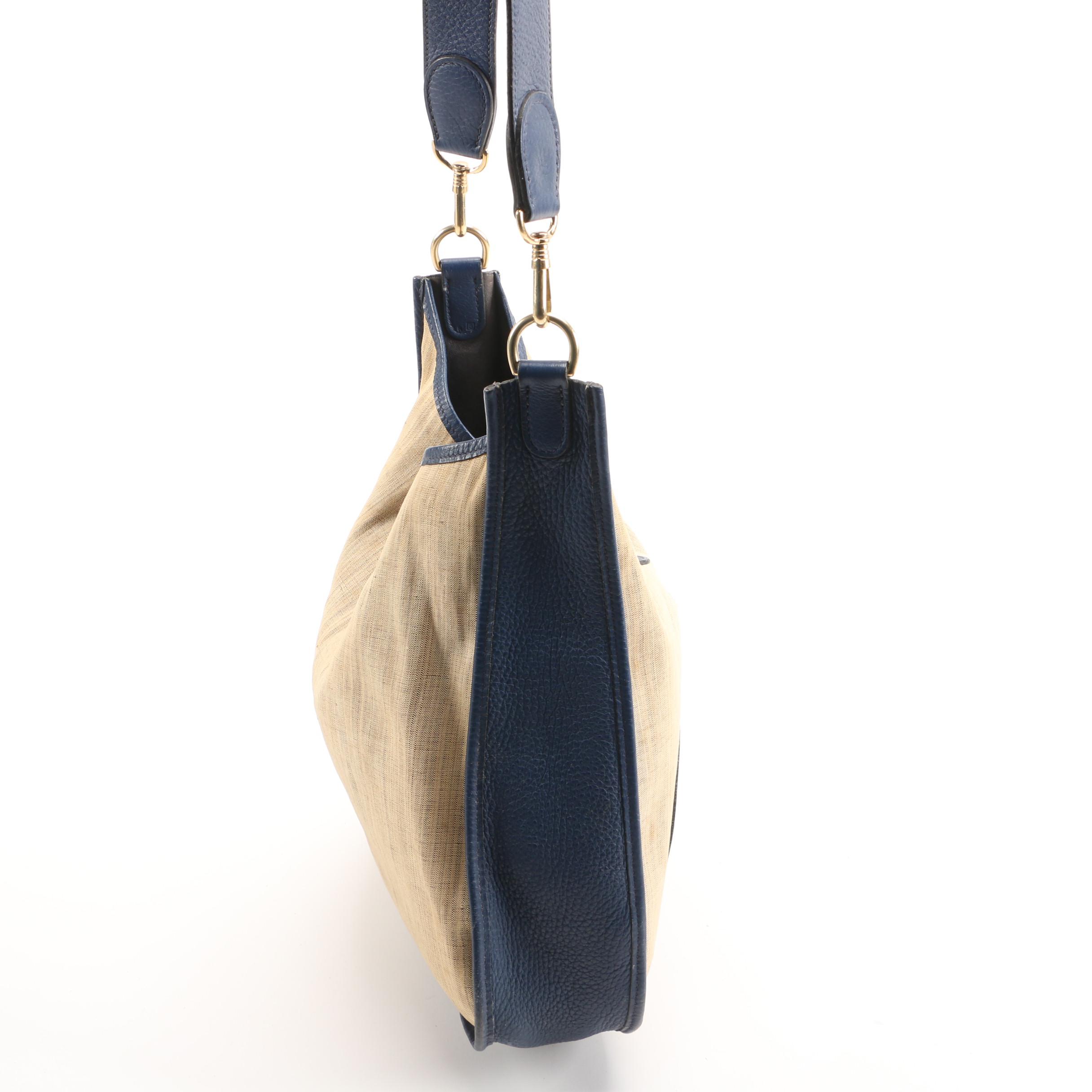 Hermès Evelyne I Striped Canvas and Navy Blue Clemence Leather PM Shoulder Bag