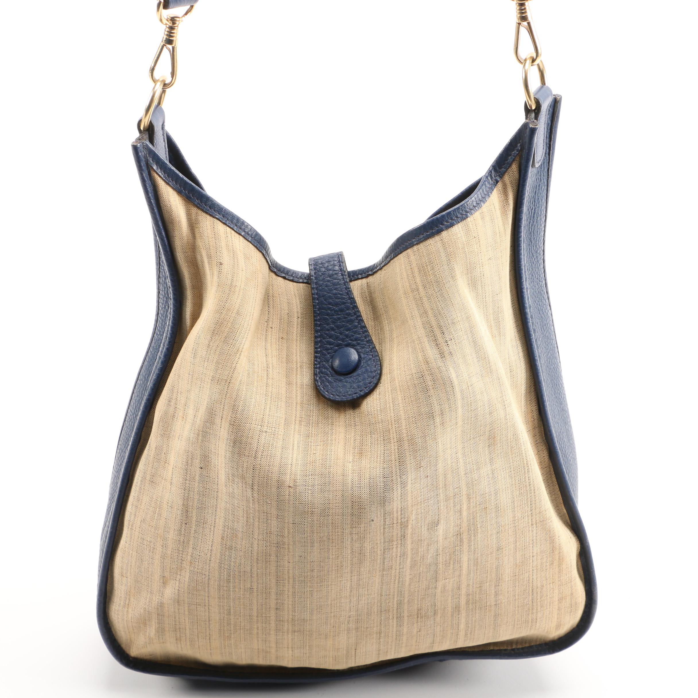 Hermès Evelyne I Striped Canvas and Navy Blue Clemence Leather PM Shoulder Bag