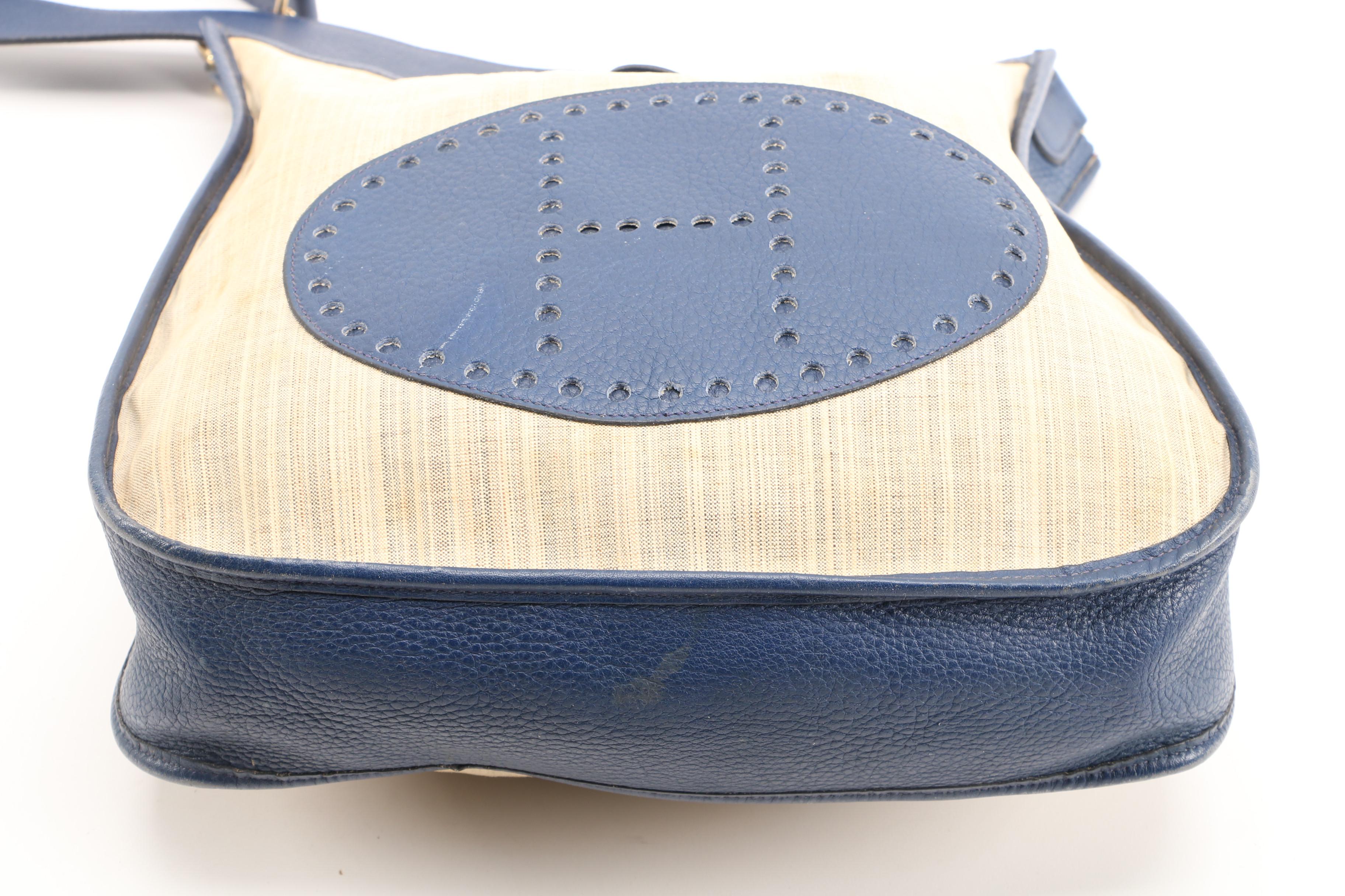 Hermès Evelyne I Striped Canvas and Navy Blue Clemence Leather PM Shoulder Bag