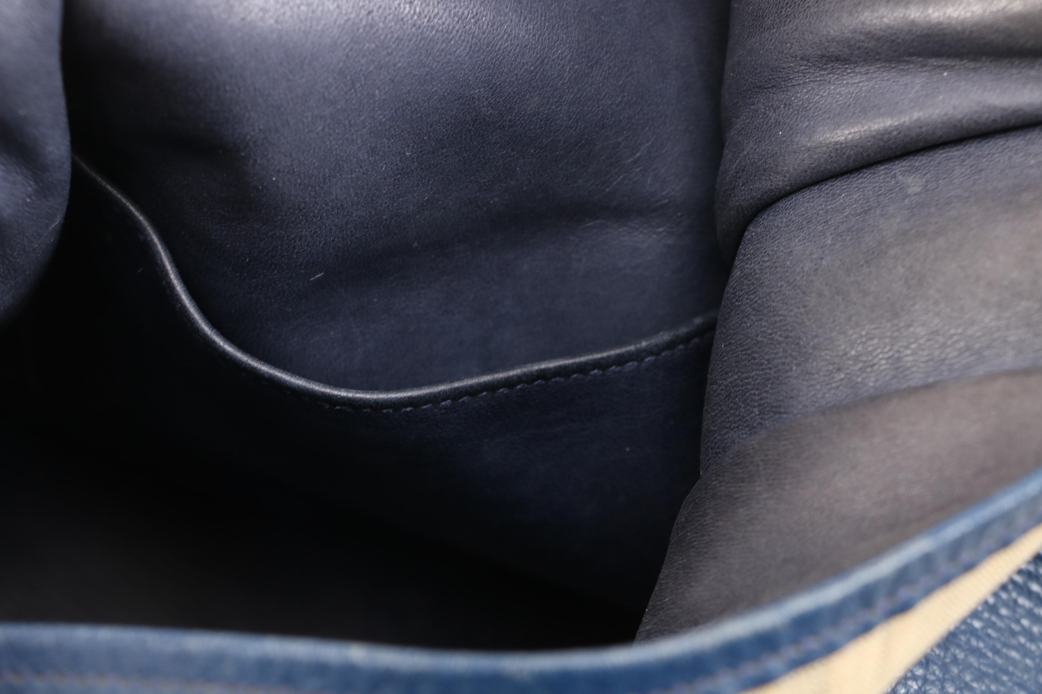 Hermès Evelyne I Striped Canvas and Navy Blue Clemence Leather PM Shoulder Bag