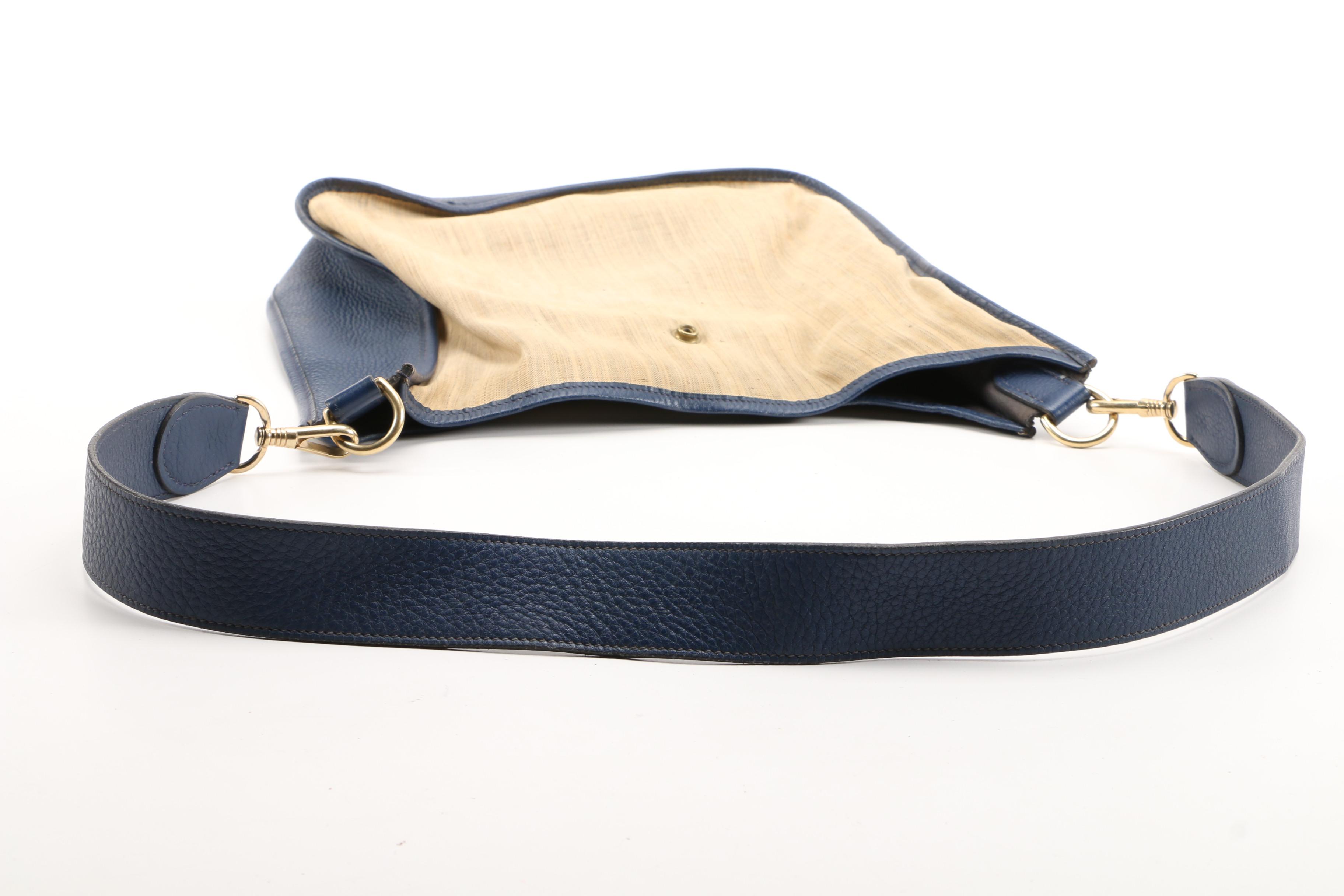 Hermès Evelyne I Striped Canvas and Navy Blue Clemence Leather PM Shoulder Bag