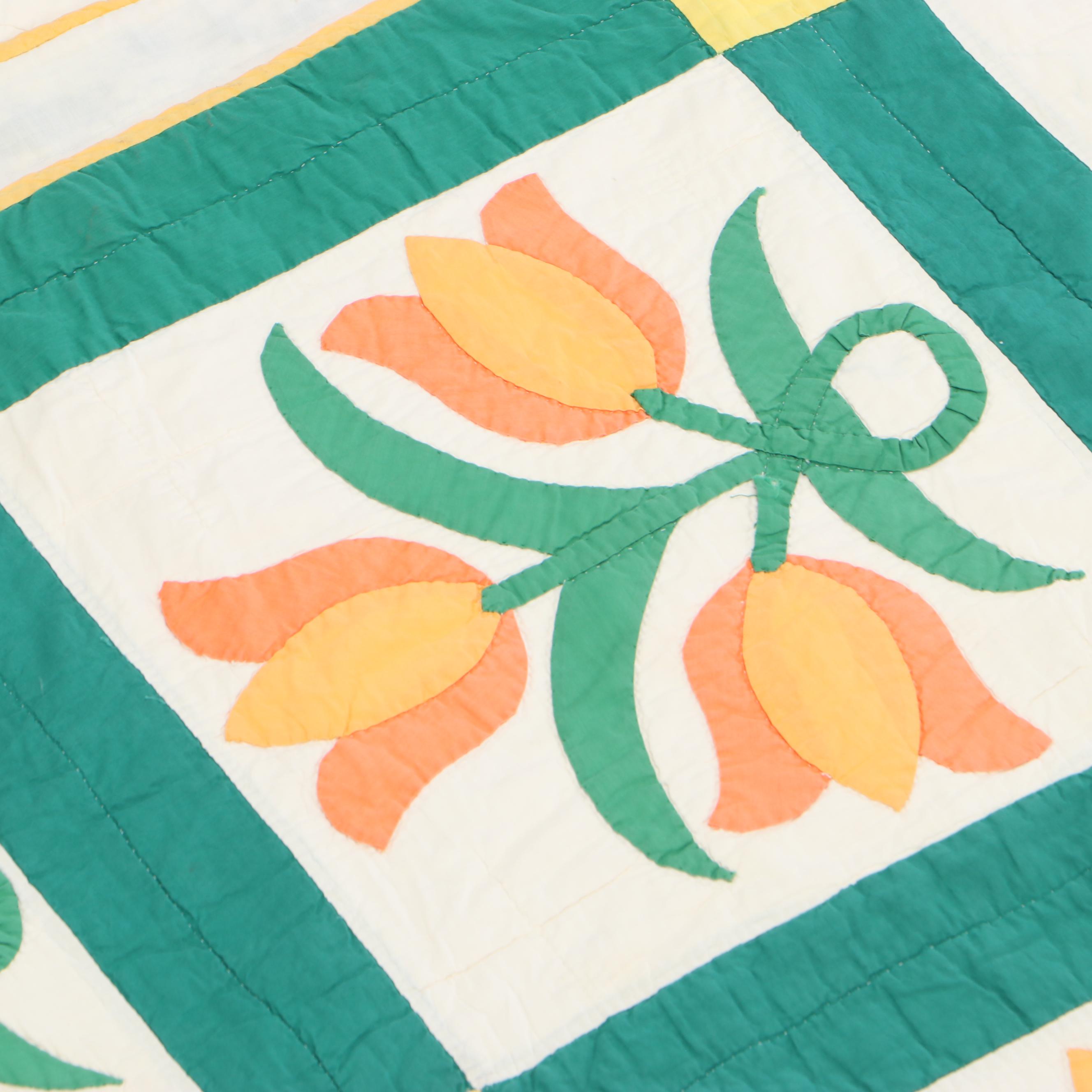 Handcrafted Applique Tulip Pattern Quilt