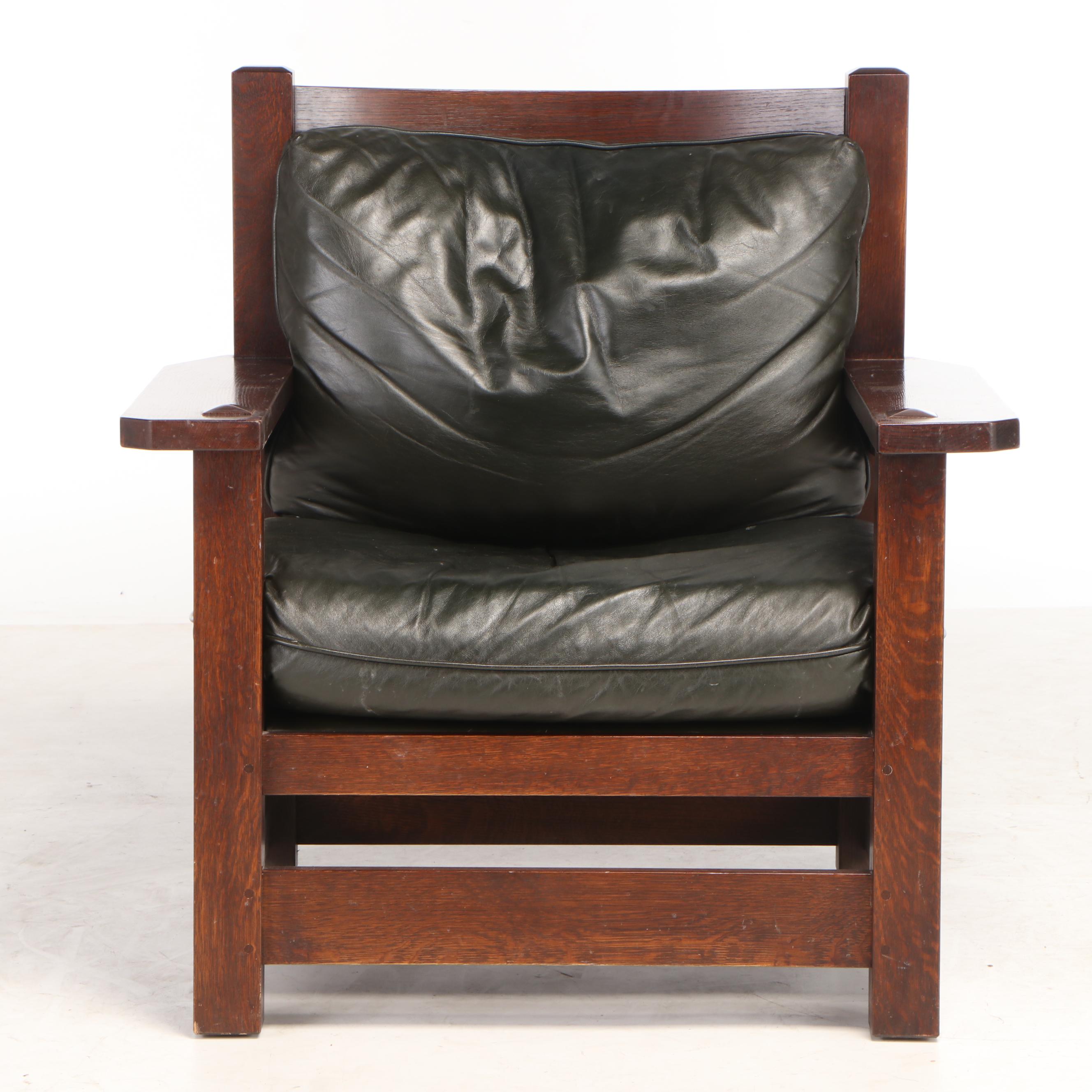 Stickley, Arts and Crafts Style Oak and Dark Green Leather "Eastwood" Armchair