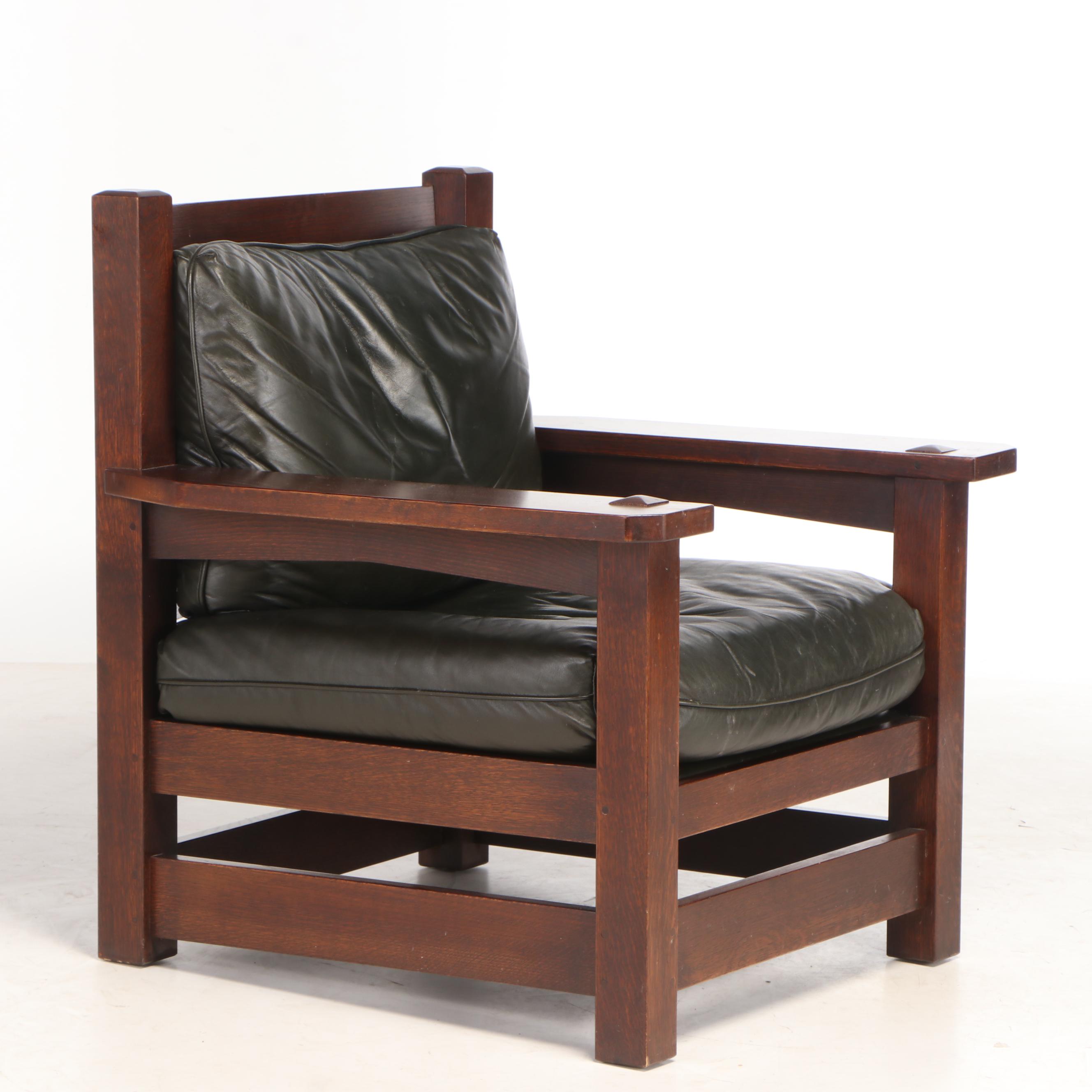 Stickley, Arts and Crafts Style Oak and Dark Green Leather "Eastwood" Armchair