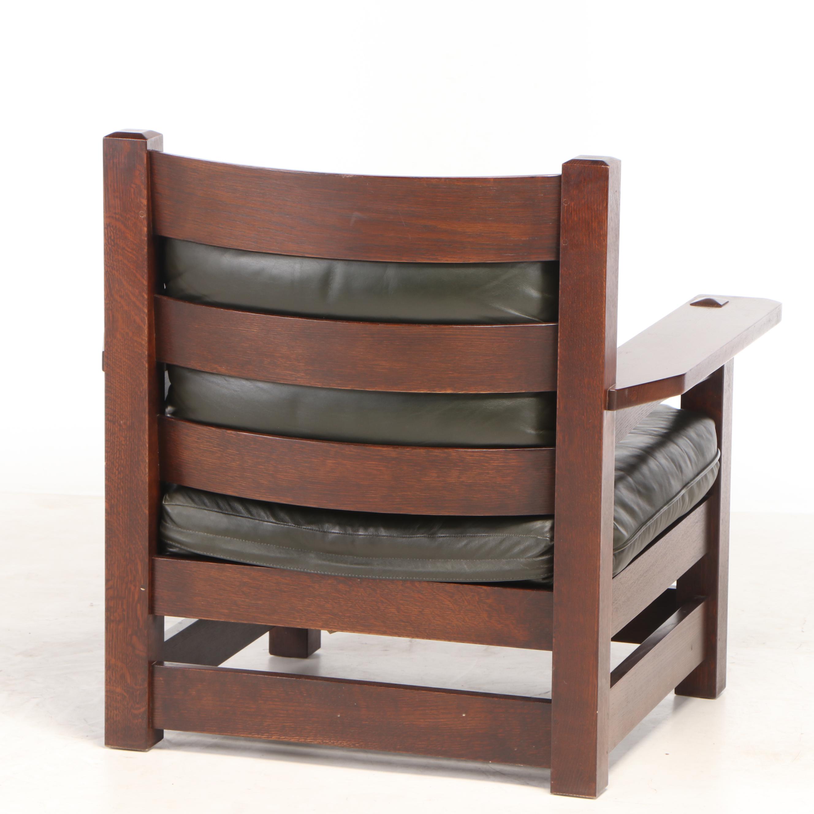 Stickley, Arts and Crafts Style Oak and Dark Green Leather "Eastwood" Armchair