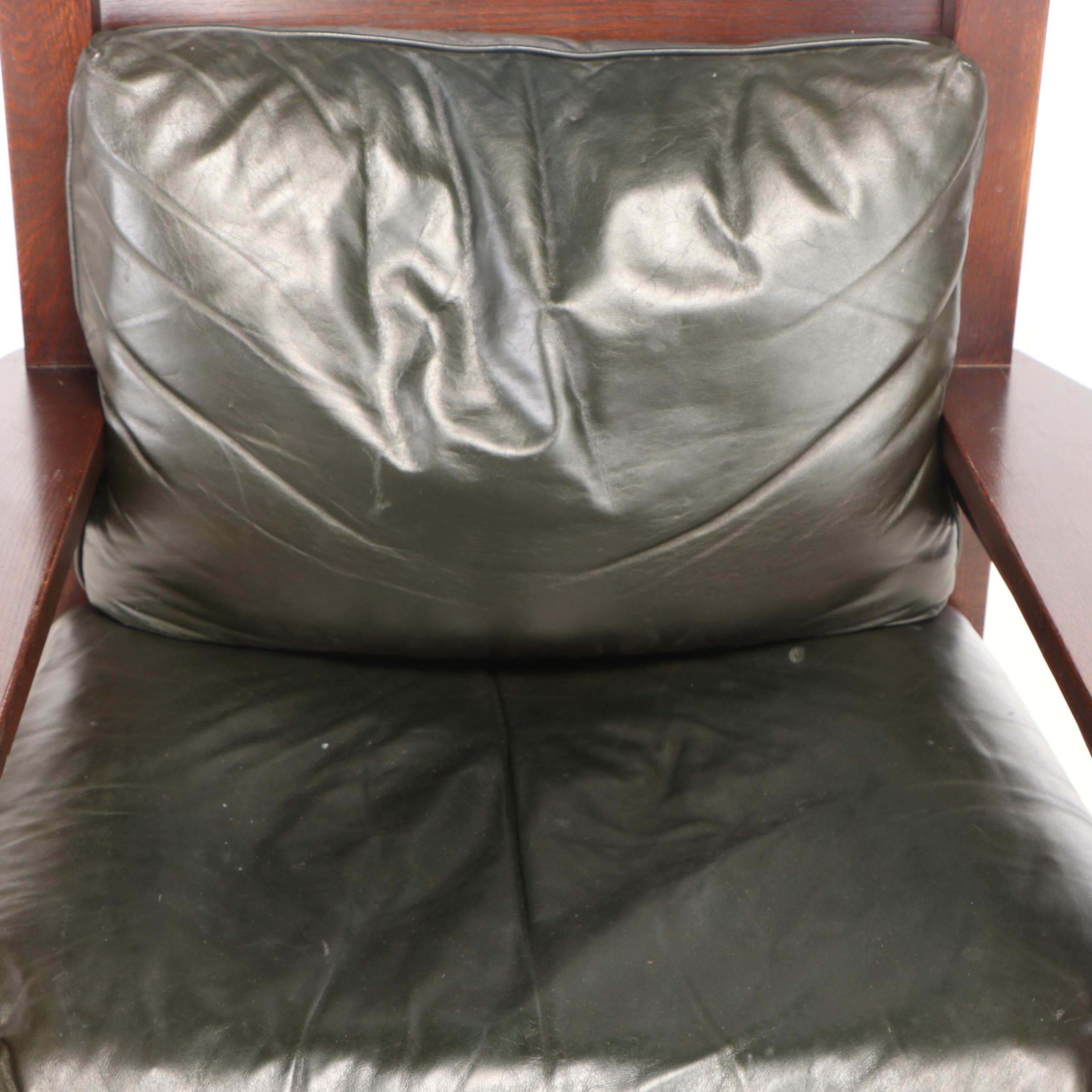 Stickley, Arts and Crafts Style Oak and Dark Green Leather "Eastwood" Armchair