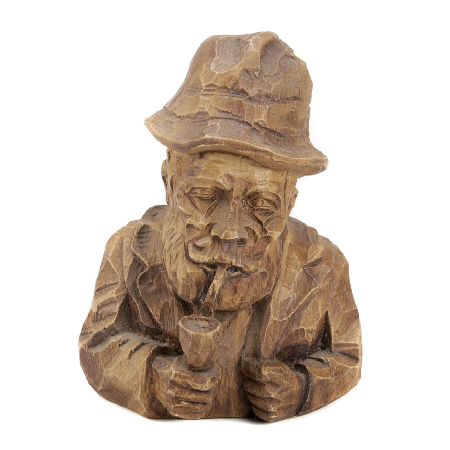 Carved Wood Bust of Man with Pipe