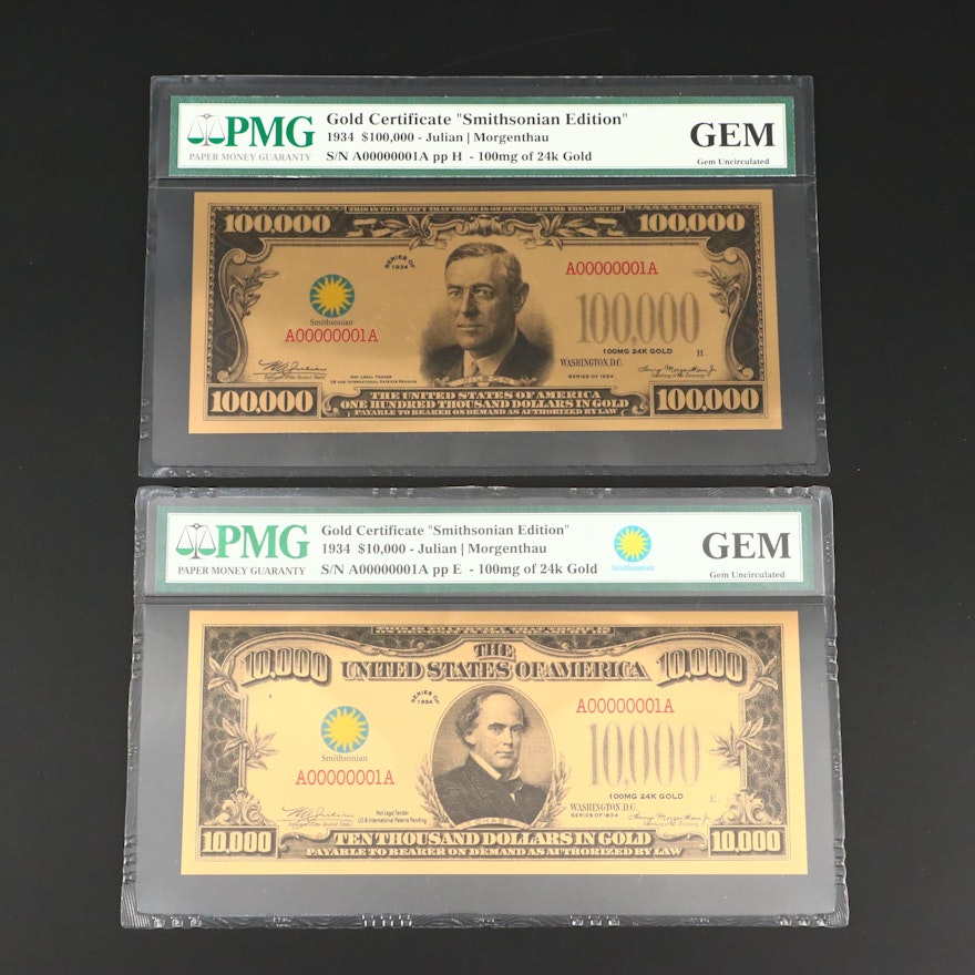 Two PMG Graded Gem Uncirculated "Smithsonian Edition" Gold Certificates