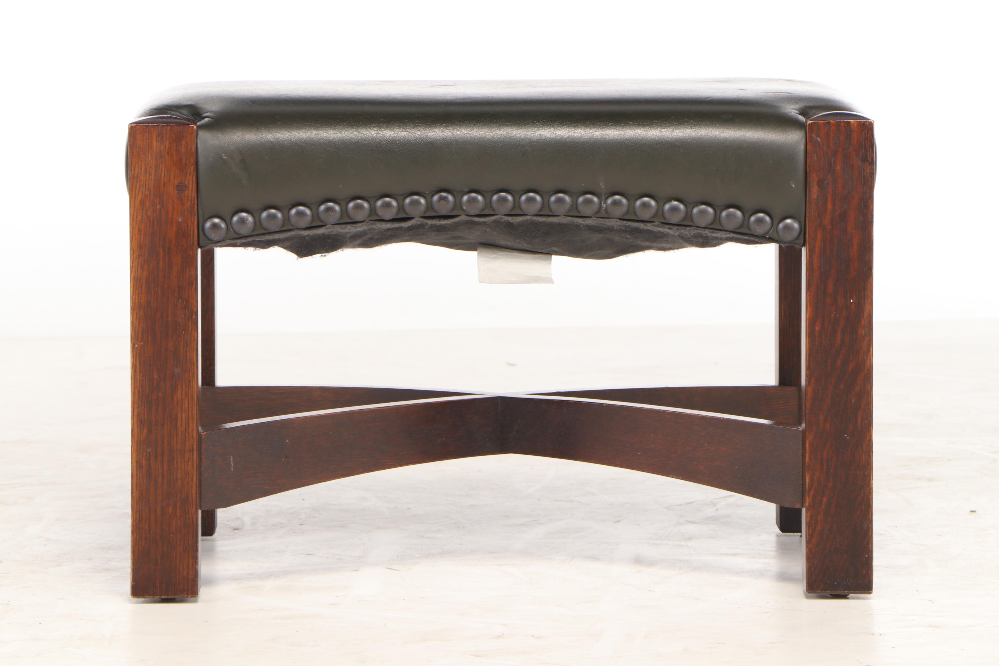 Stickley, Arts and Crafts Style Oak and Dark Green Leather "Eastwood" Footstool