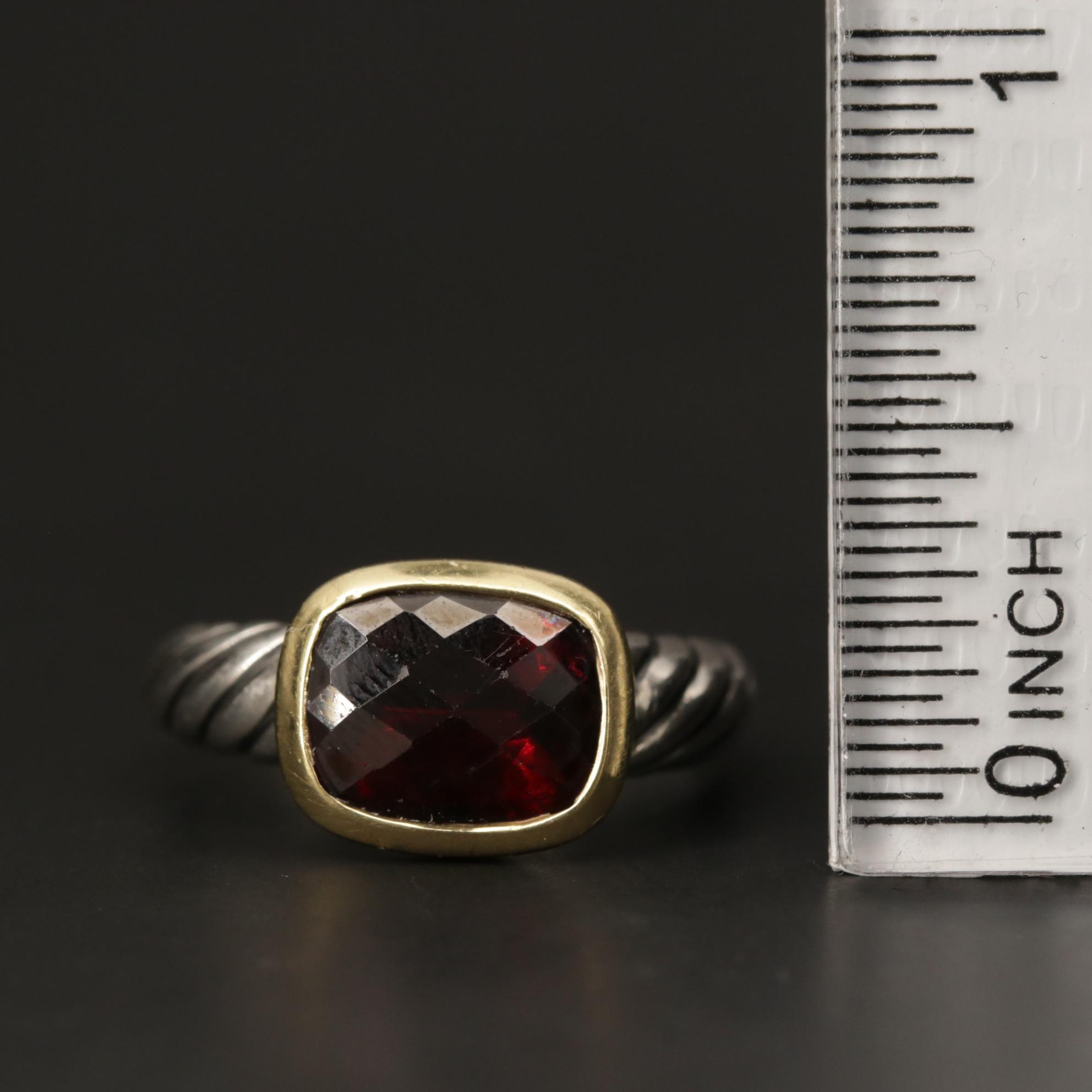 David Yurman Sterling Silver Garnet Ring with 18K Yellow Gold Accent