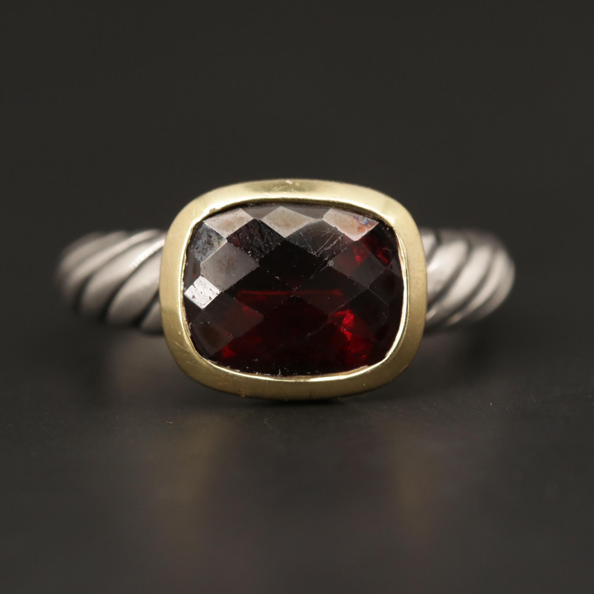David Yurman Sterling Silver Garnet Ring with 18K Yellow Gold Accent