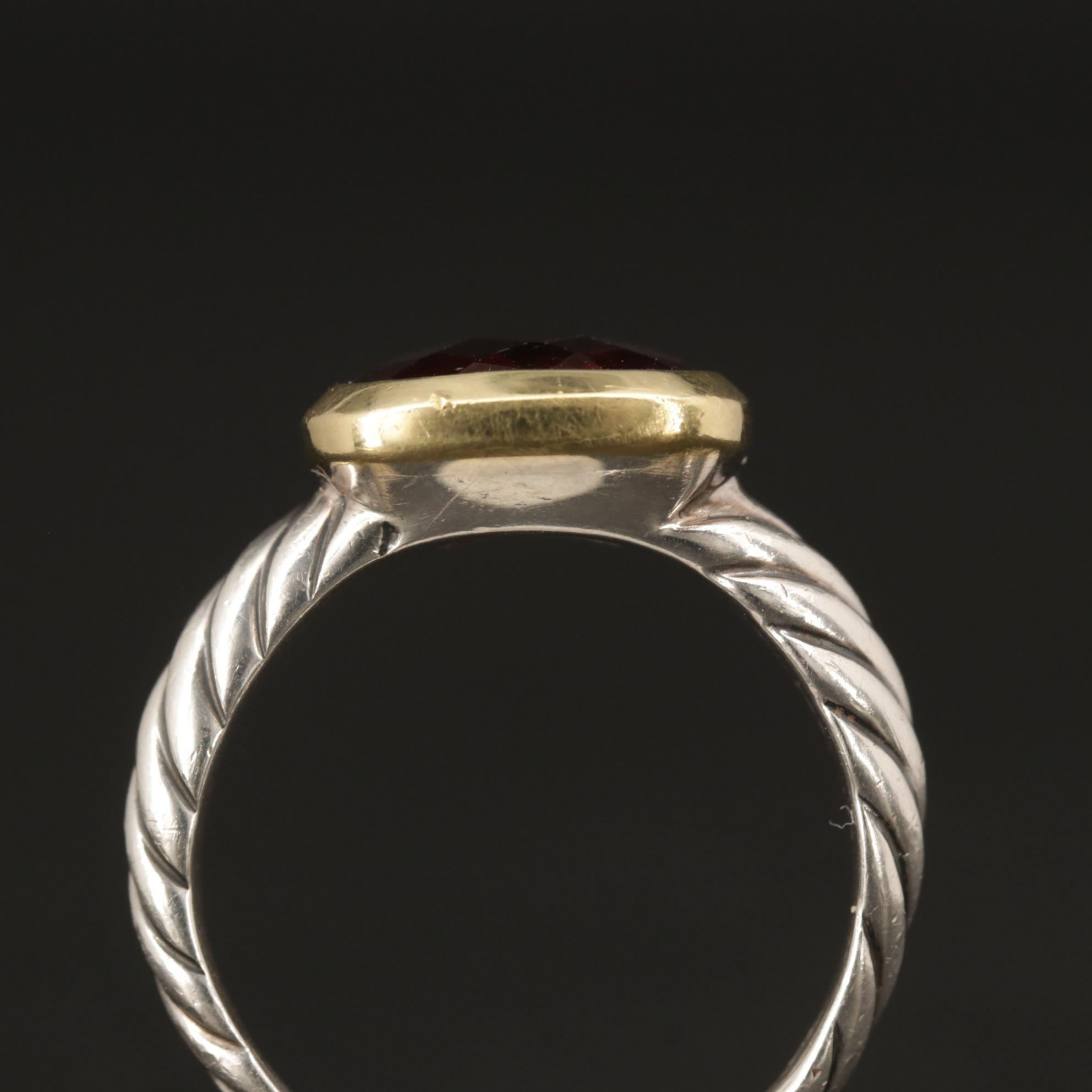 David Yurman Sterling Silver Garnet Ring with 18K Yellow Gold Accent