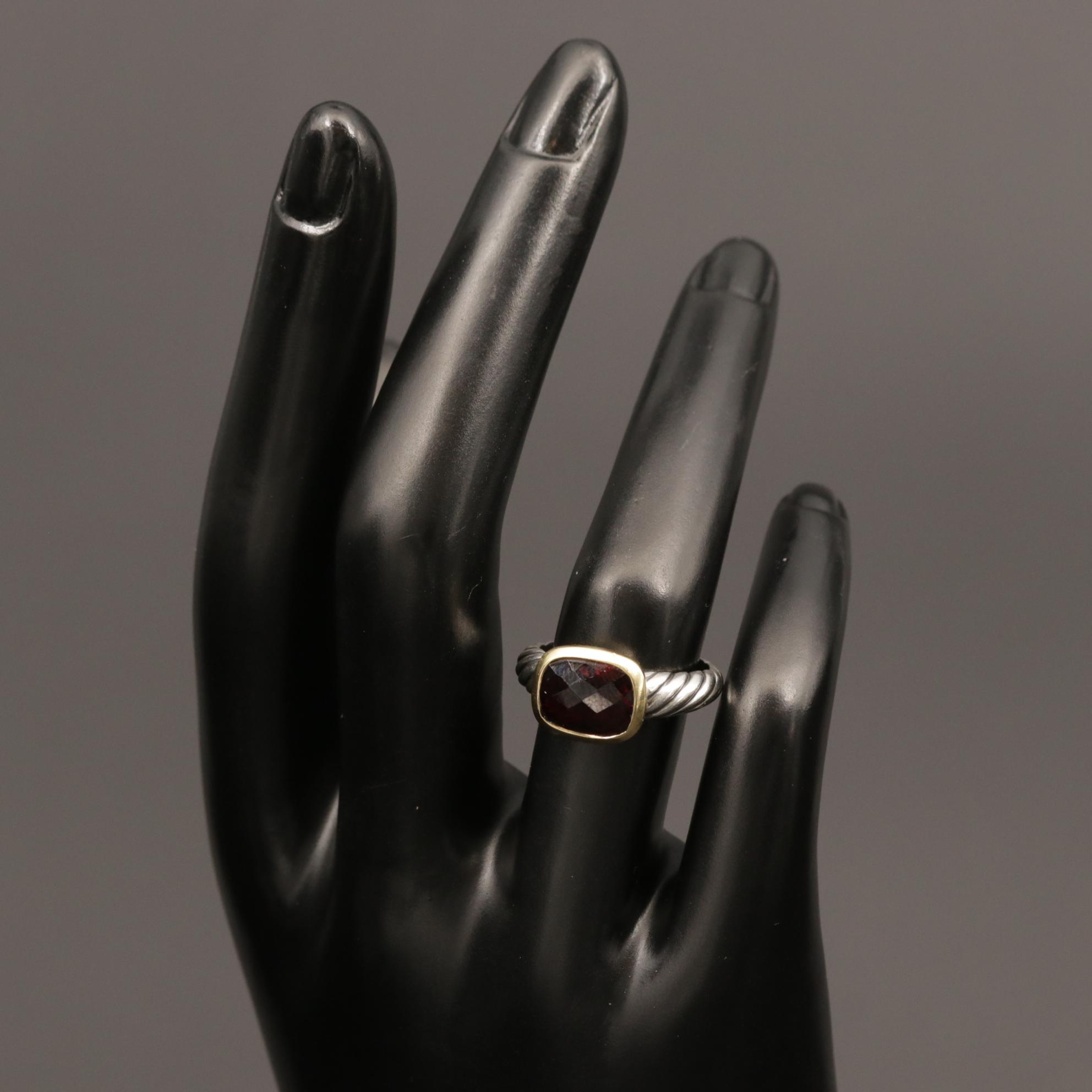 David Yurman Sterling Silver Garnet Ring with 18K Yellow Gold Accent