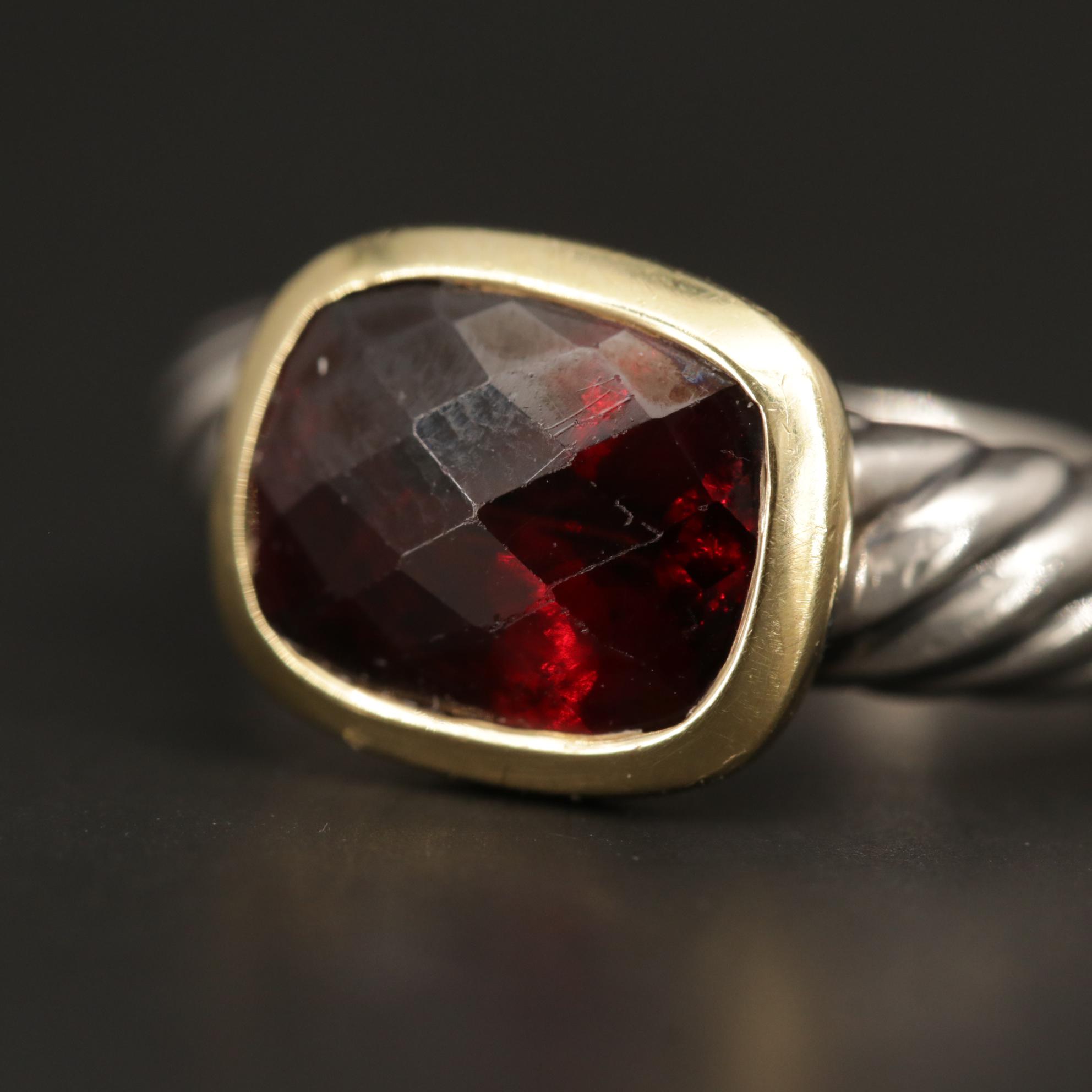 David Yurman Sterling Silver Garnet Ring with 18K Yellow Gold Accent