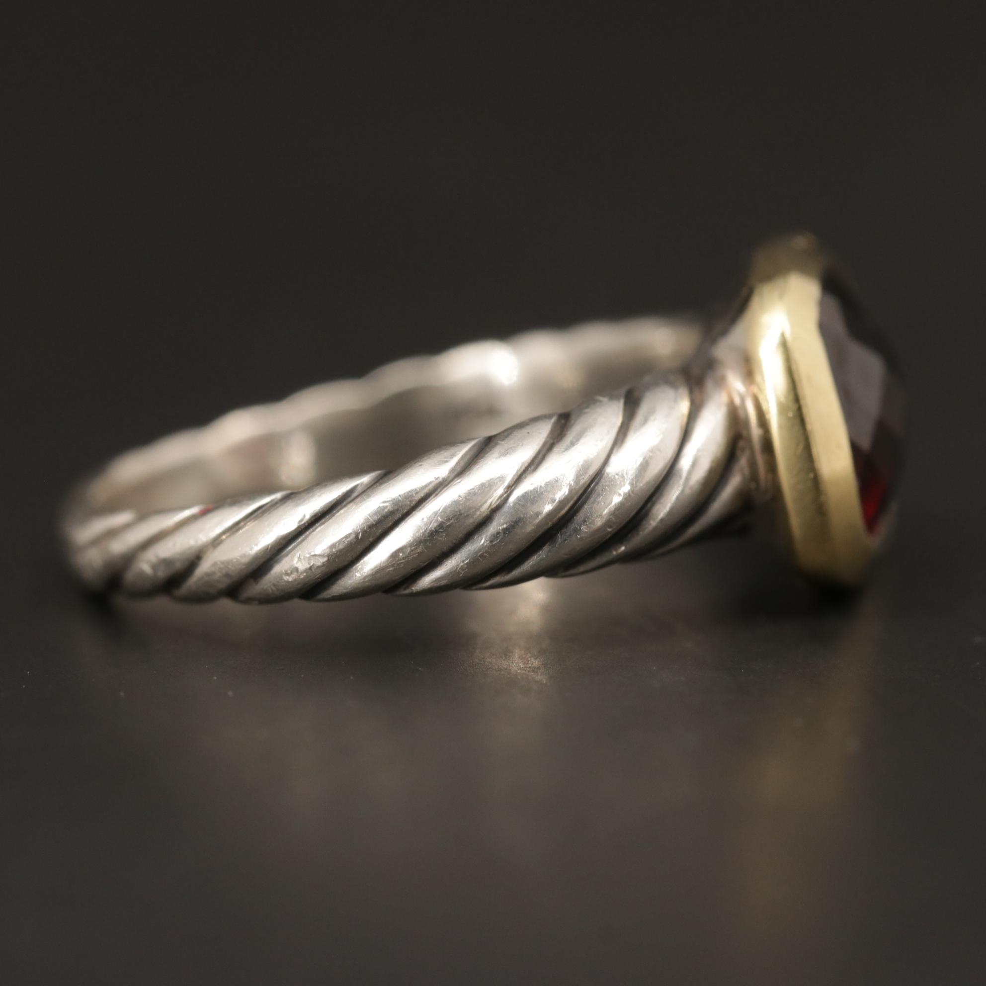 David Yurman Sterling Silver Garnet Ring with 18K Yellow Gold Accent