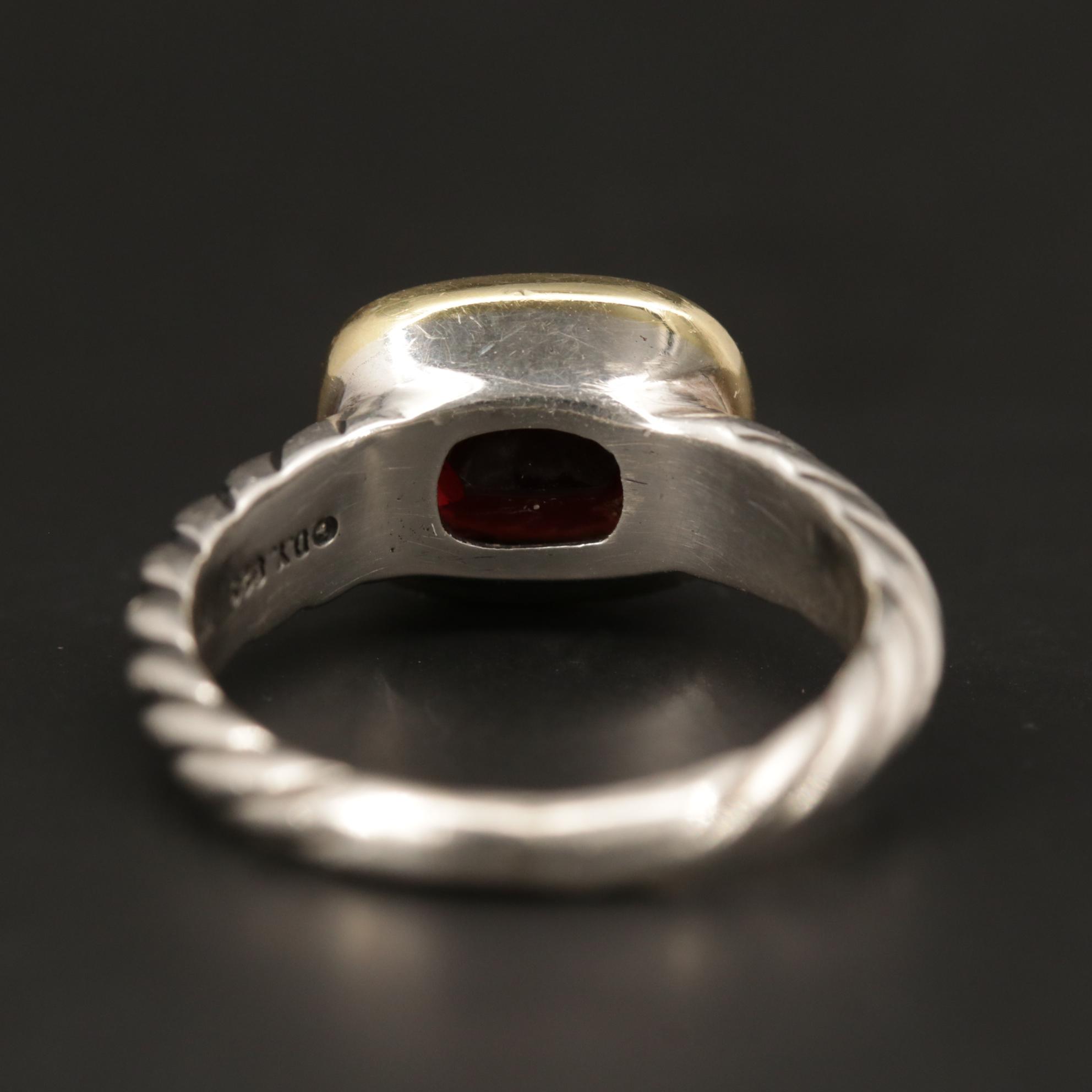 David Yurman Sterling Silver Garnet Ring with 18K Yellow Gold Accent